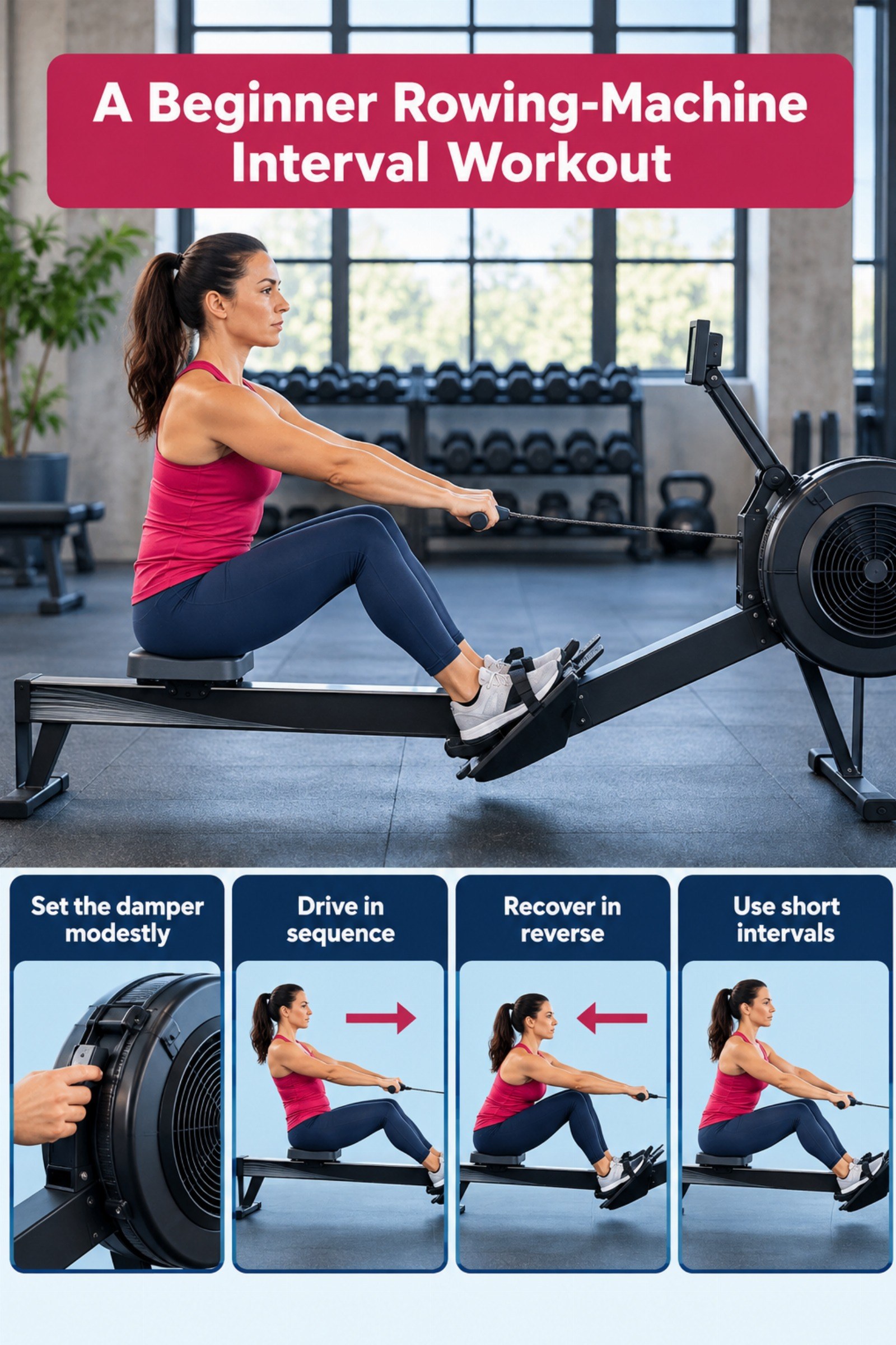 Side-view rowing ergometer diagram with drive and recovery phases. The image supports A Beginner Rowing-Machine Interval Workout.
