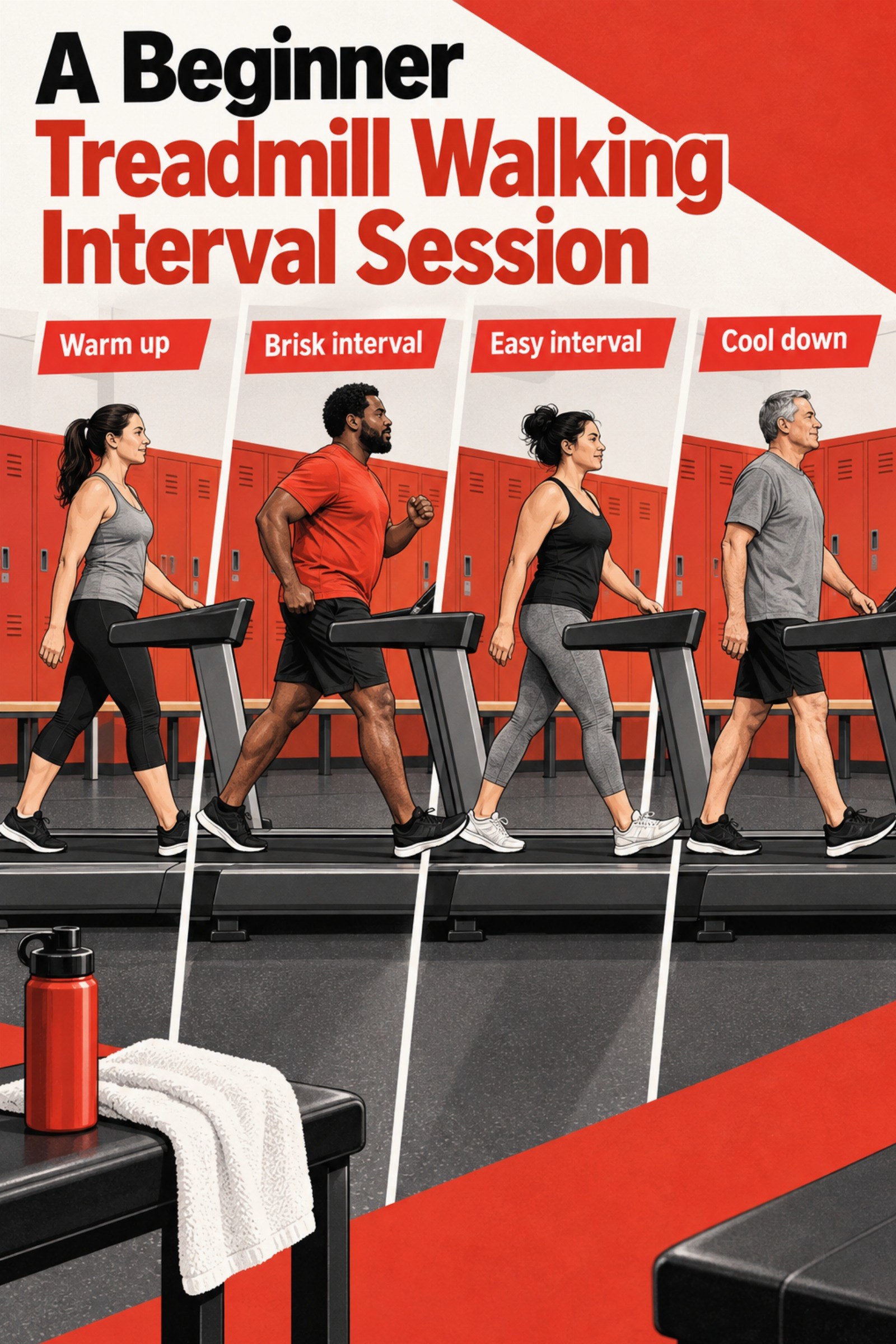 Side-on treadmill sequence with warm-up, brisk intervals, and cool-down. The image supports A Beginner Treadmill Walking Interval Session.