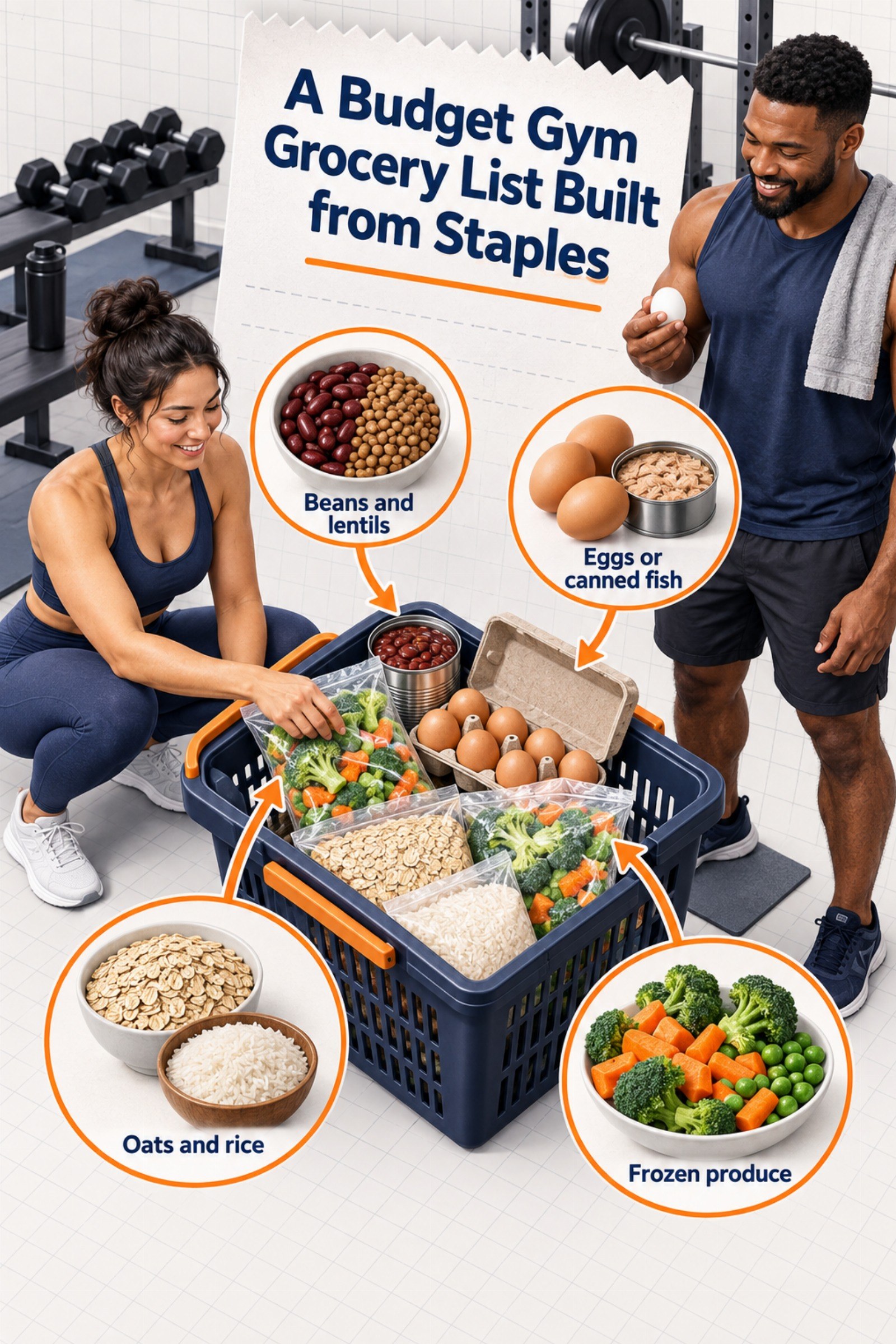 Receipt-style infographic with beans, eggs, oats, frozen vegetables, and rice. The image supports A Budget Gym Grocery List Built from Staples.