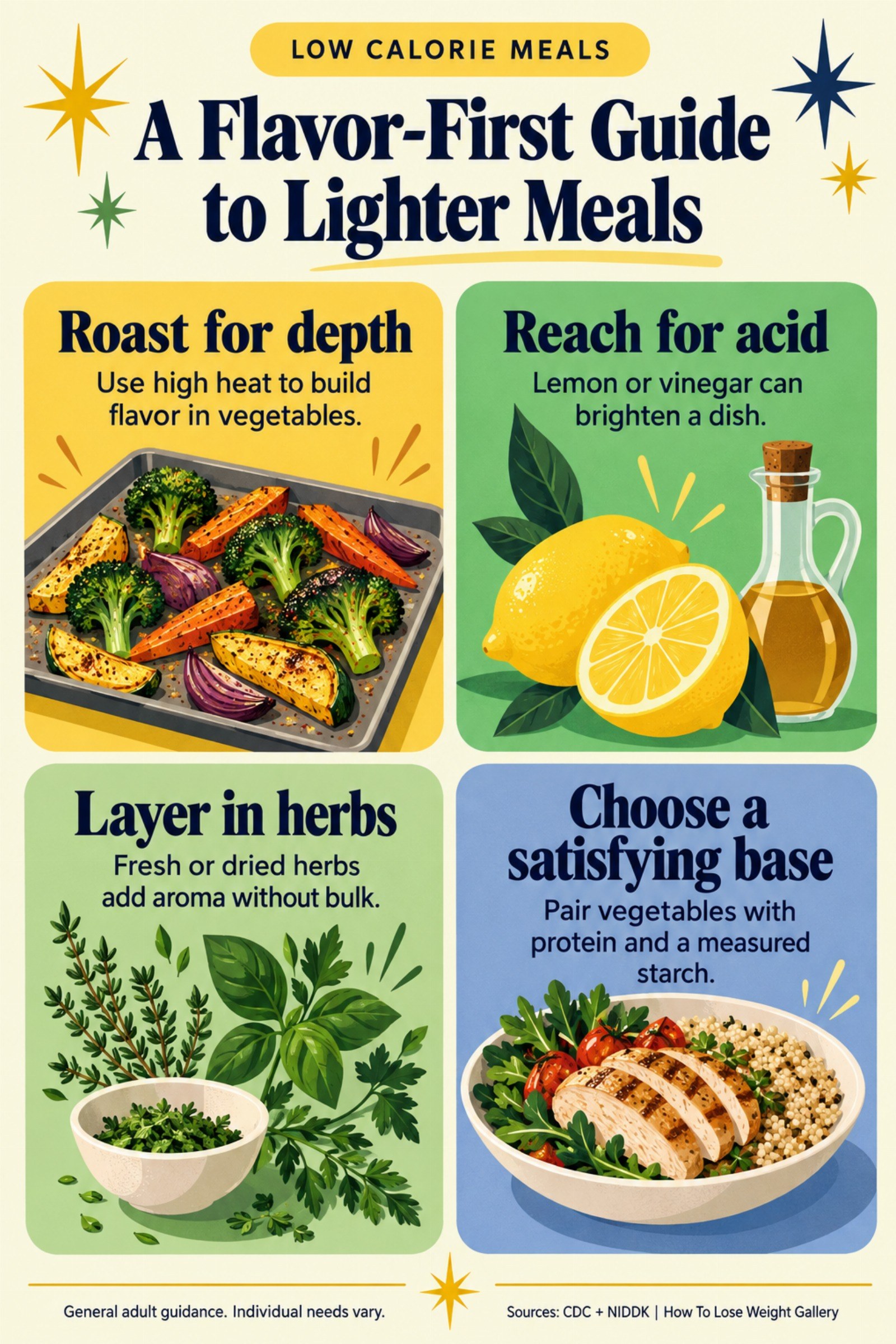 Colorful infographic titled A Flavor-First Guide to Lighter Meals with four illustrated tips for Low Calorie Meals.