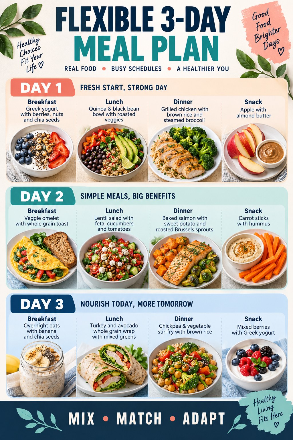Portrait three-day meal plan infographic with balanced breakfast, lunch, dinner, and snack ideas in teal and coral sections.