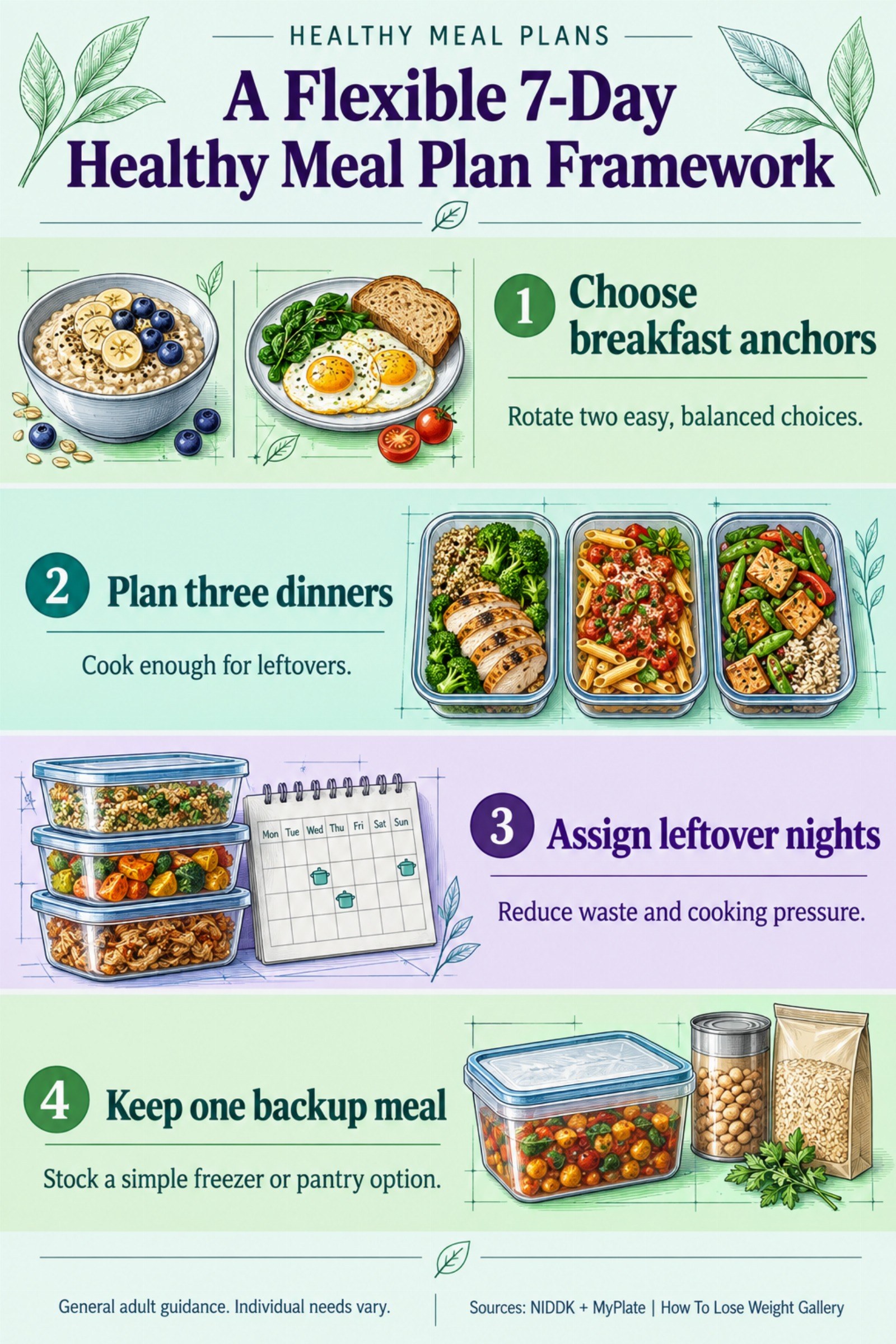 Colorful infographic titled A Flexible 7-Day Healthy Meal Plan Framework with four illustrated tips for Healthy Meal Plans.