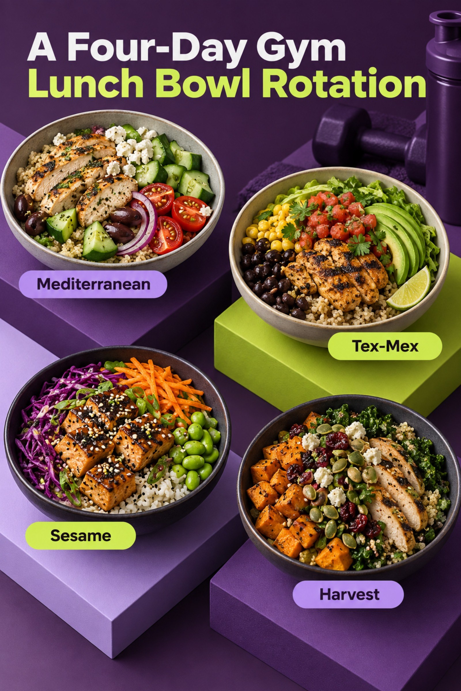 Four weekday bowls arranged like a training calendar. The image supports A Four-Day Gym Lunch Bowl Rotation.
