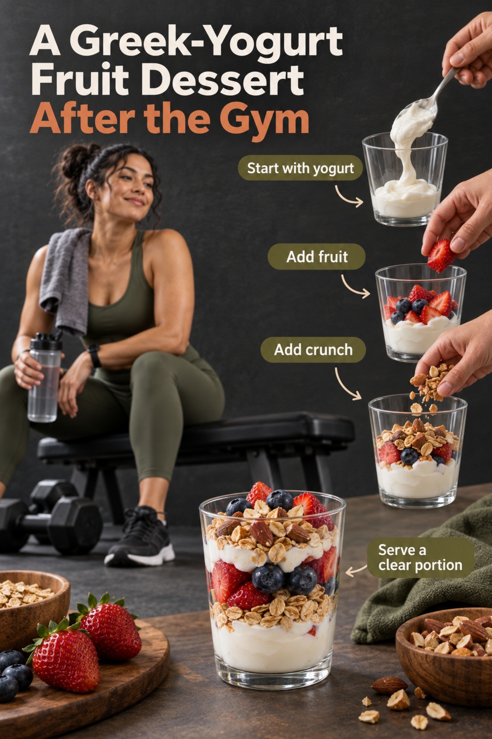Elegant parfait assembly with yogurt, fruit, oats, and nuts. The image supports A Greek-Yogurt Fruit Dessert After the Gym.
