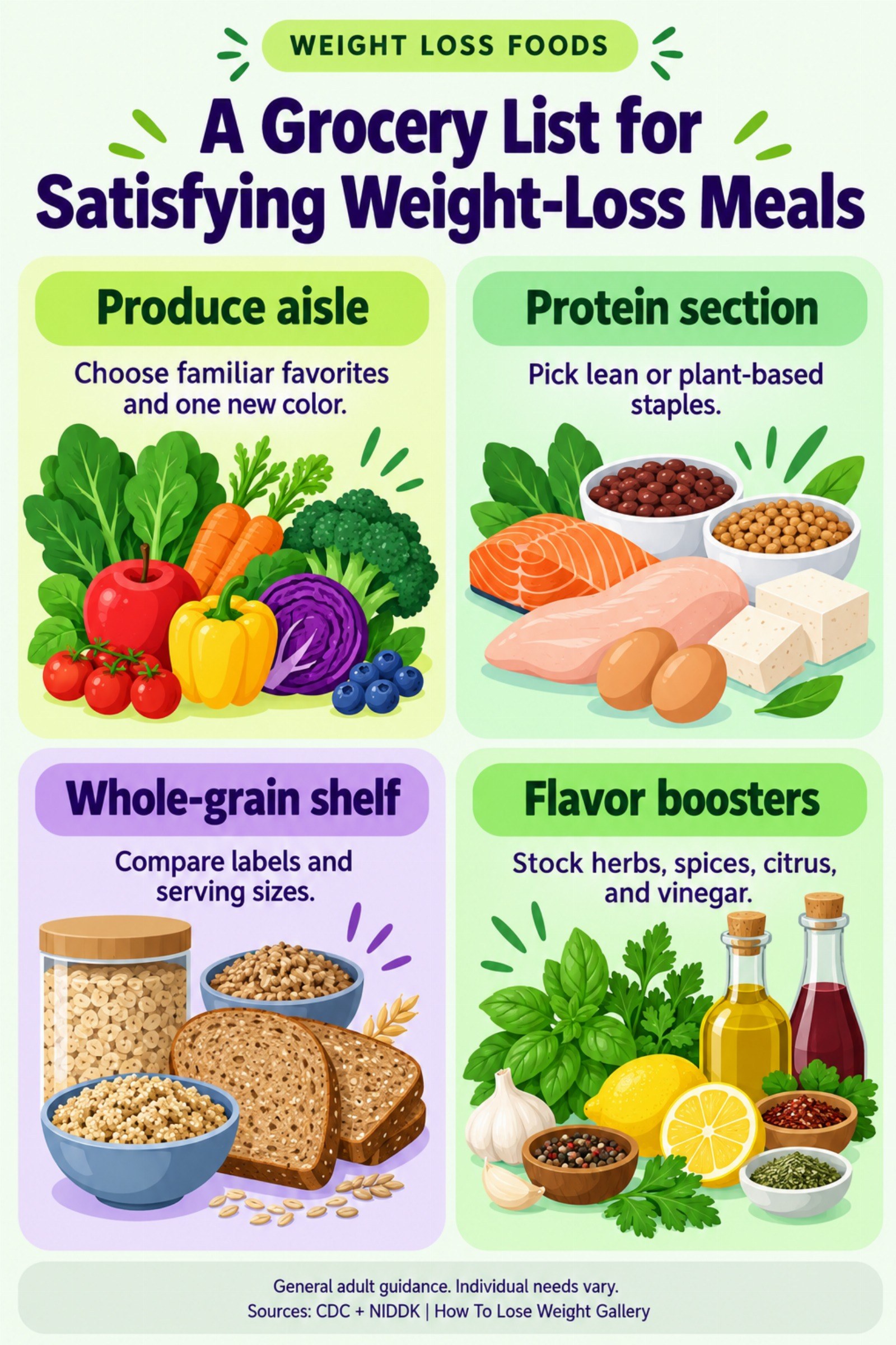 Colorful infographic titled A Grocery List for Satisfying Weight-Loss Meals with four illustrated tips for Weight Loss Foods.