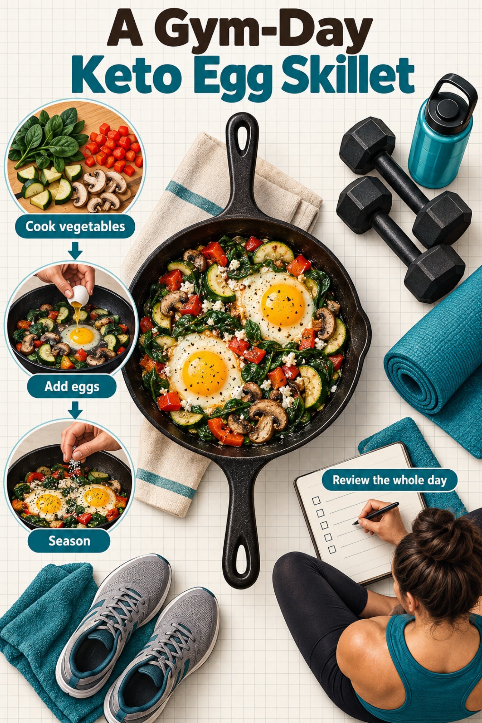 Cast-iron skillet recipe beside a morning workout card. The image supports A Gym-Day Keto Egg Skillet.