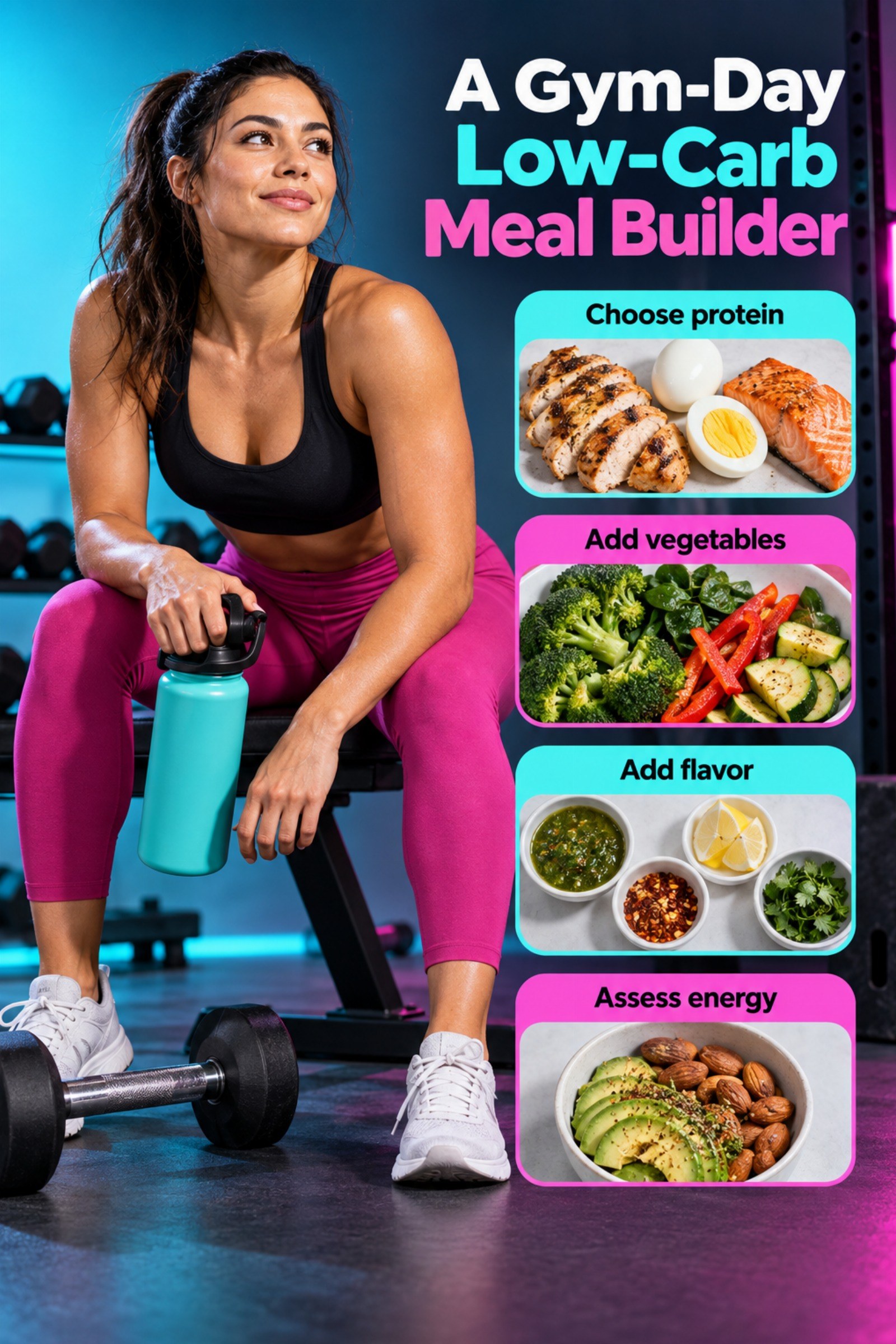 Modular meal cards with protein, vegetables, flavor, and optional side. The image supports A Gym-Day Low-Carb Meal Builder.