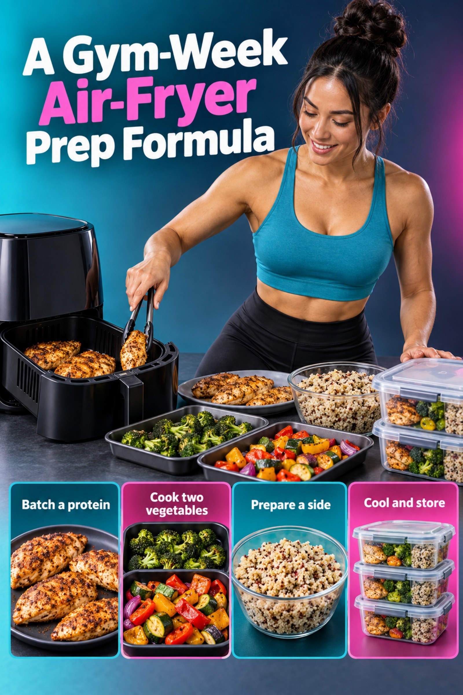 Meal-prep conveyor layout with air-fried protein, vegetables, and containers. The image supports A Gym-Week Air-Fryer Prep Formula.