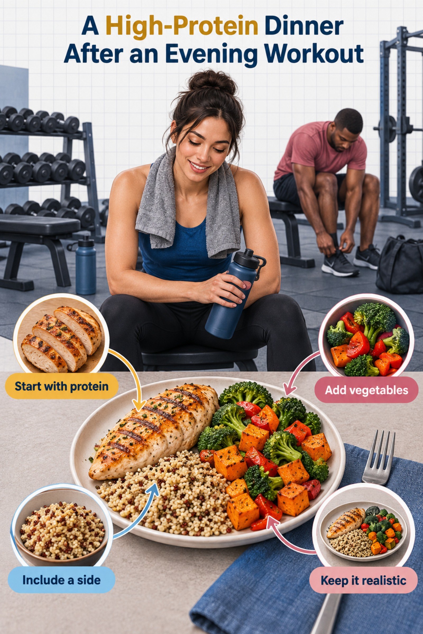 Evening gym-to-table story with a balanced plated dinner. The image supports A High-Protein Dinner After an Evening Workout.