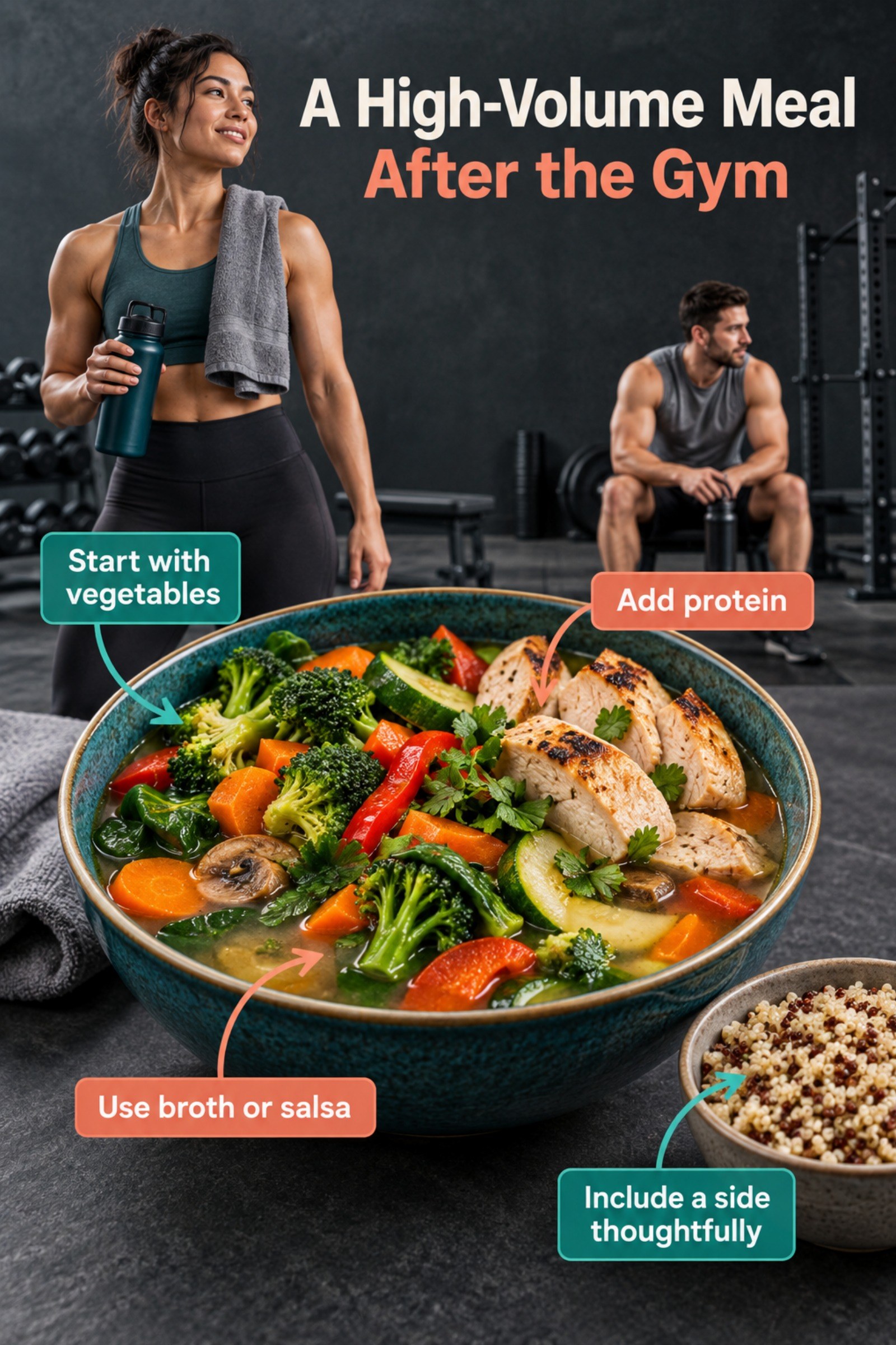Large colorful bowl with vegetables, protein, broth, and a measured side. The image supports A High-Volume Meal After the Gym.