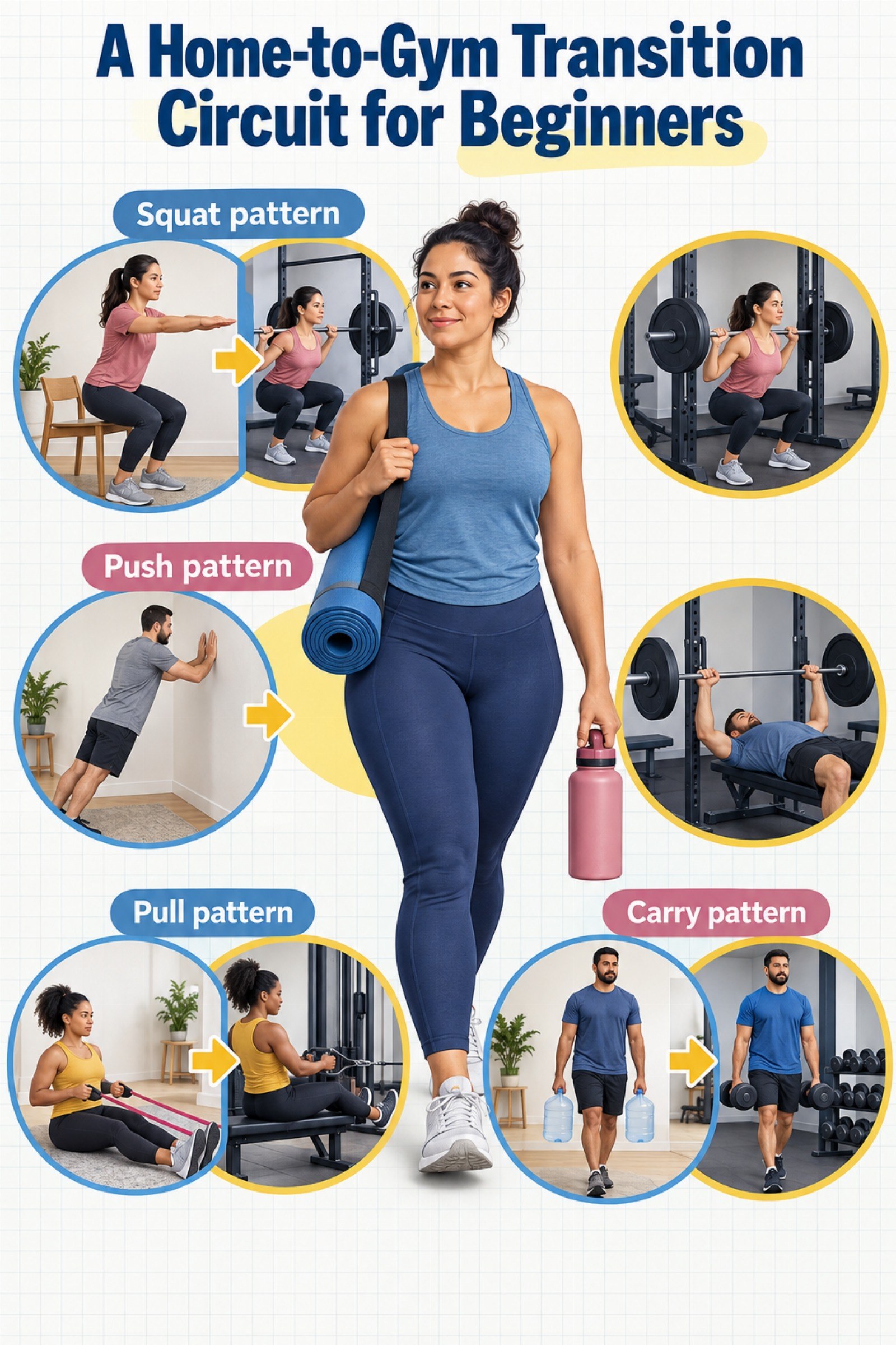 Split home-and-gym comparison showing chair squat, wall push-up, band row, and carry. The image supports A Home-to-Gym Transition Circuit for Beginners.