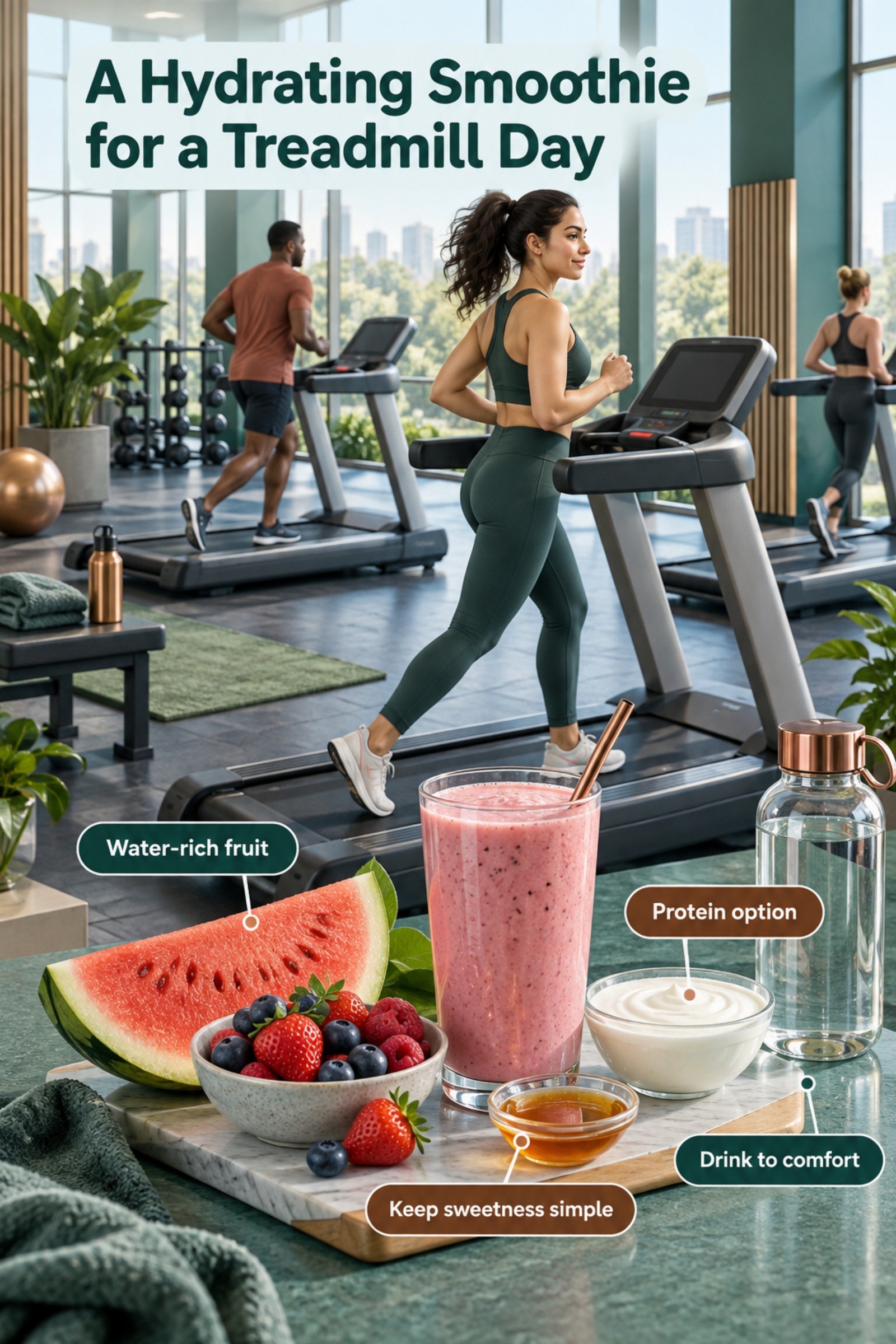 Cool blue treadmill scene paired with watermelon, berries, yogurt, and water. The image supports A Hydrating Smoothie for a Treadmill Day.