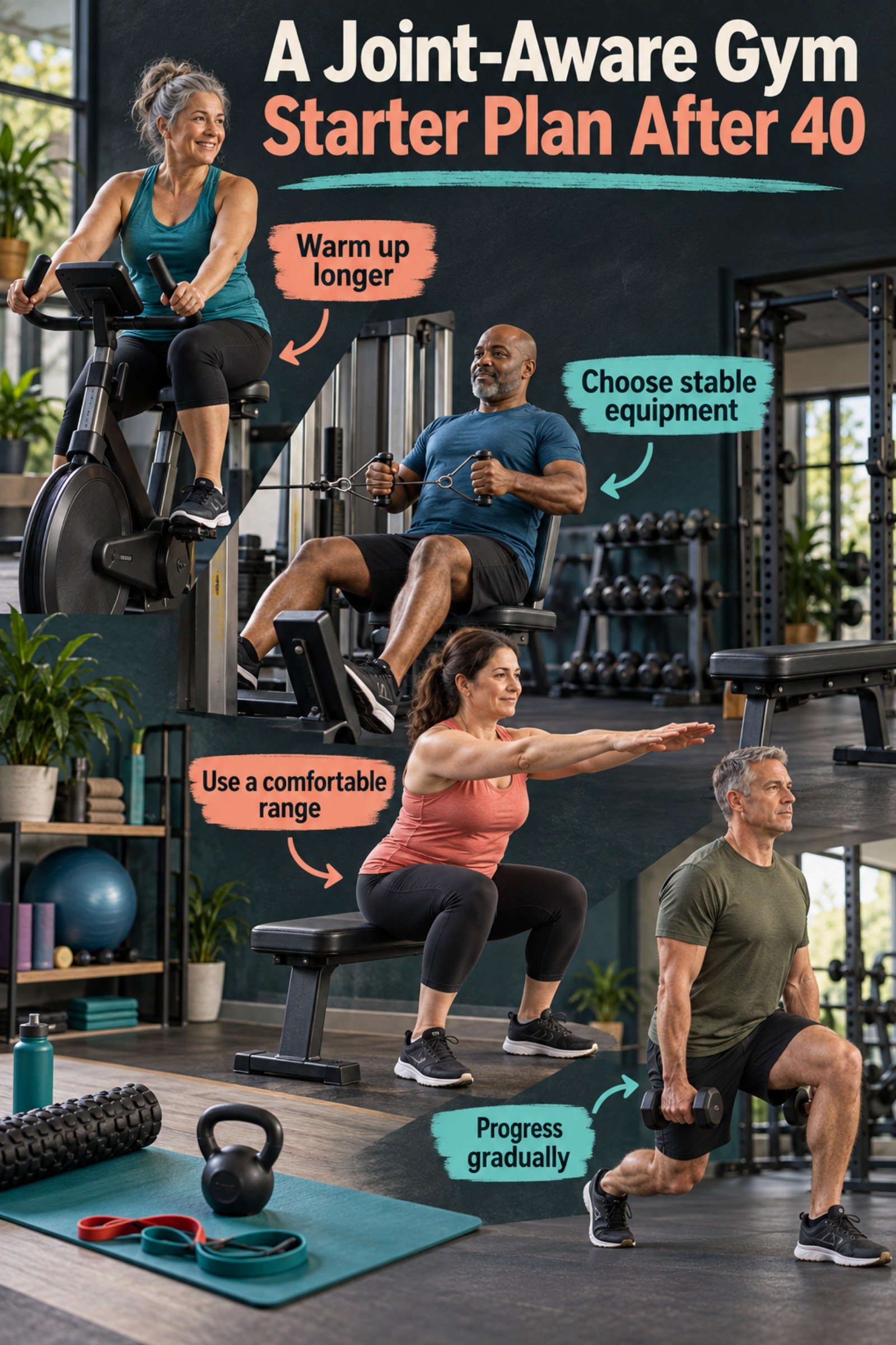 Warm photographic gym scene with bike, cable machine, bench, and mobility area. The image supports A Joint-Aware Gym Starter Plan After 40.