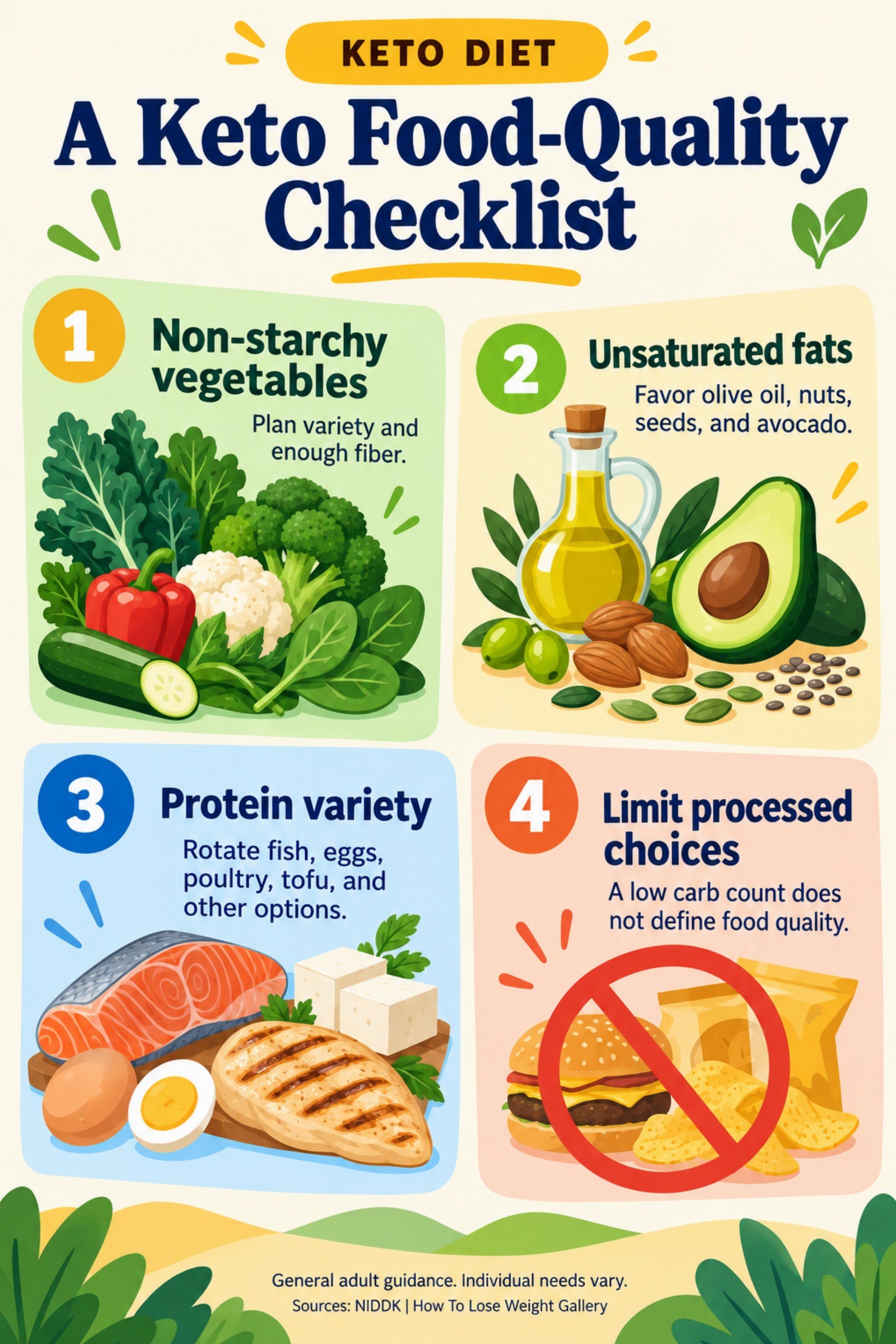 Colorful infographic titled A Keto Food-Quality Checklist with four illustrated tips for Keto Diet.