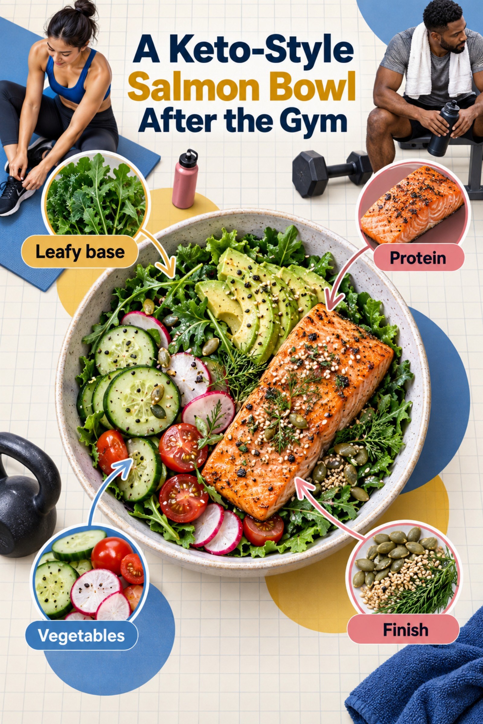 Overhead salmon bowl with greens, cucumber, avocado, herbs, and seeds. The image supports A Keto-Style Salmon Bowl After the Gym.