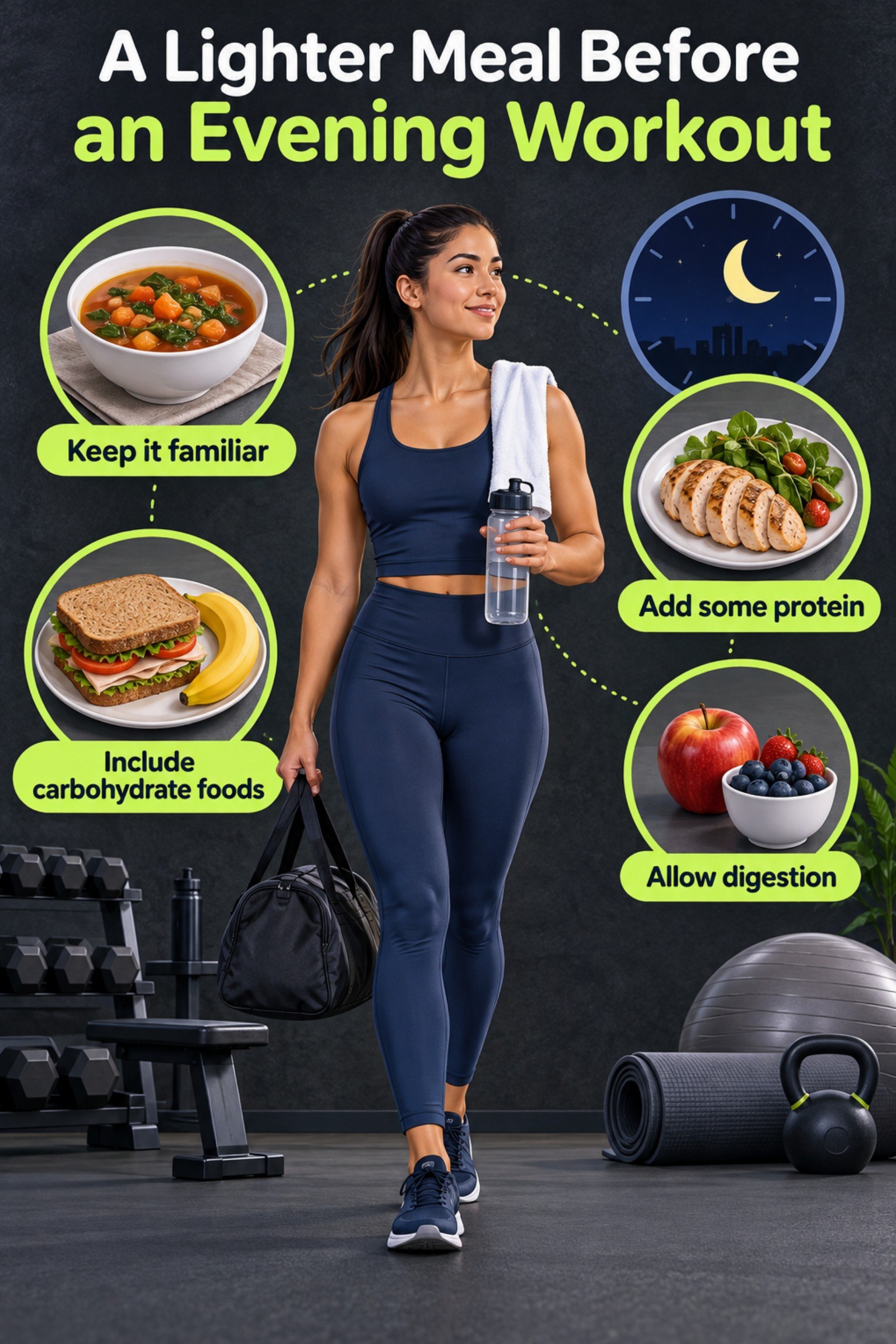 Evening timeline with soup, sandwich, fruit, and gym icons. The image supports A Lighter Meal Before an Evening Workout.