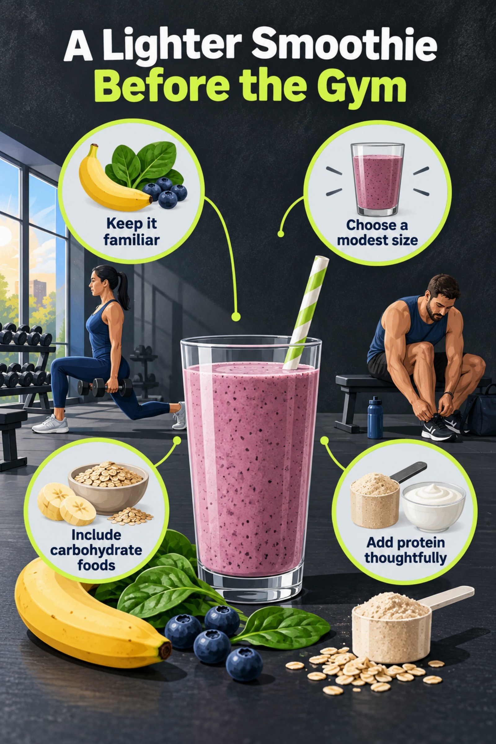 Minimal side-view smoothie and clock with a morning gym scene. The image supports A Lighter Smoothie Before the Gym.