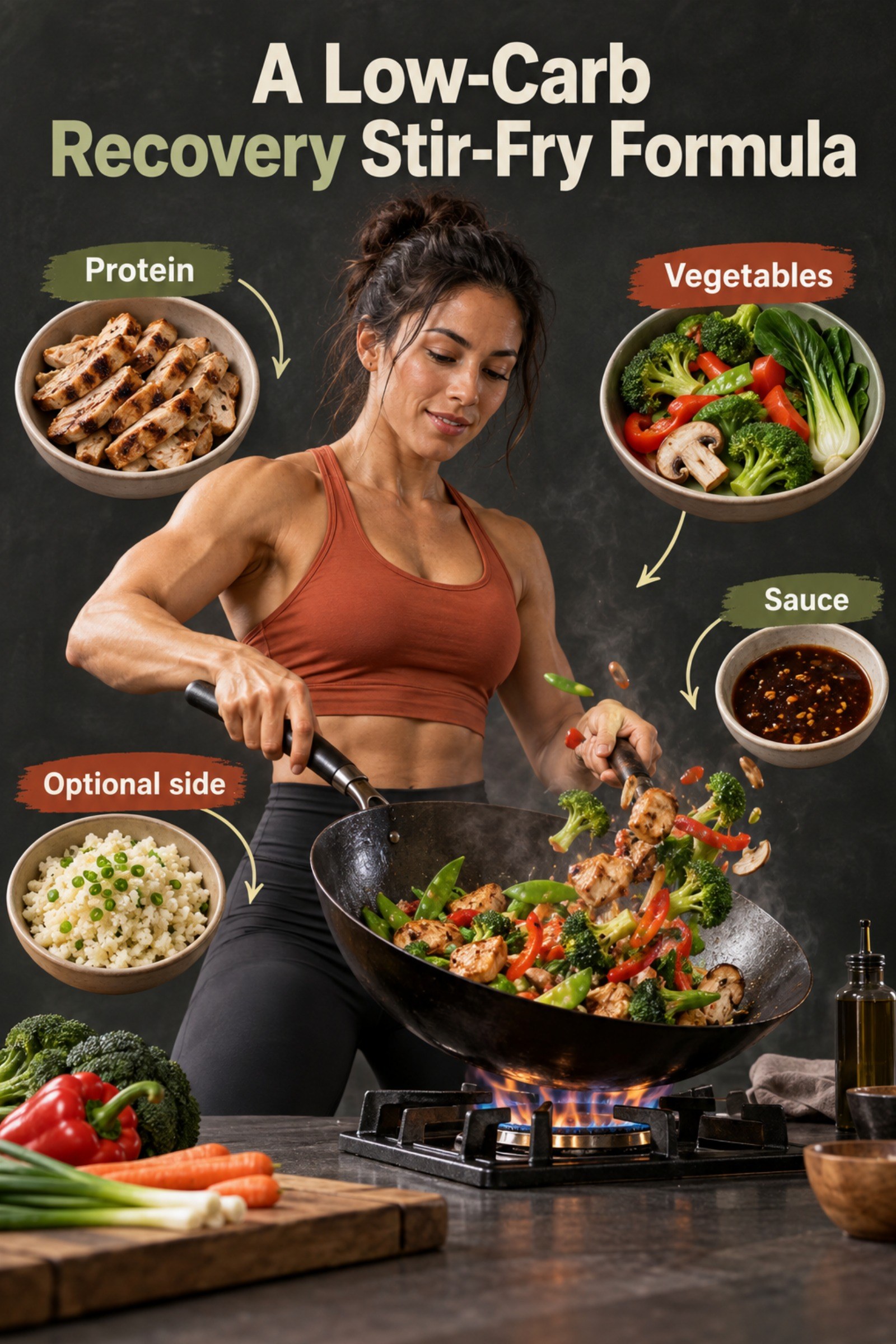 Wok action scene with four ingredient zones and controlled anatomy. The image supports A Low-Carb Recovery Stir-Fry Formula.