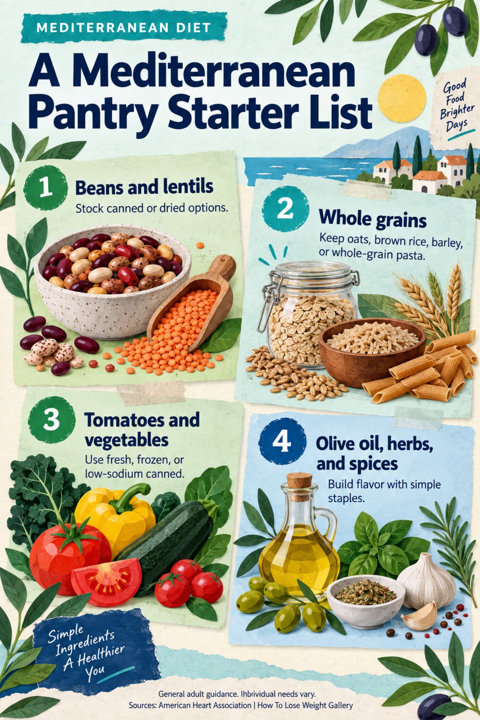 Colorful infographic titled A Mediterranean Pantry Starter List with four illustrated tips for Mediterranean Diet.