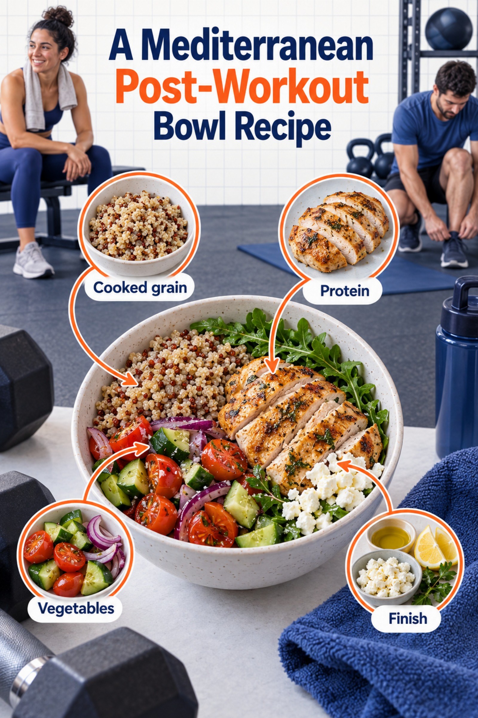Editorial bowl recipe with numbered ingredient callouts. The image supports A Mediterranean Post-Workout Bowl Recipe.
