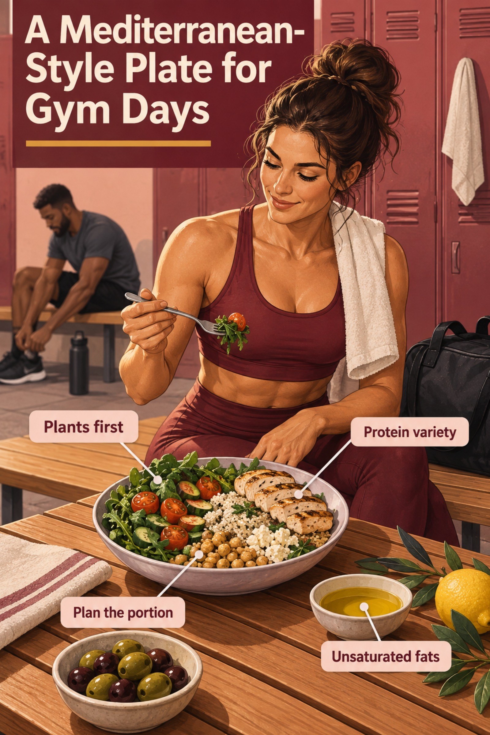 Sunlit Mediterranean table beside a discreet gym bag. The image supports A Mediterranean-Style Plate for Gym Days.