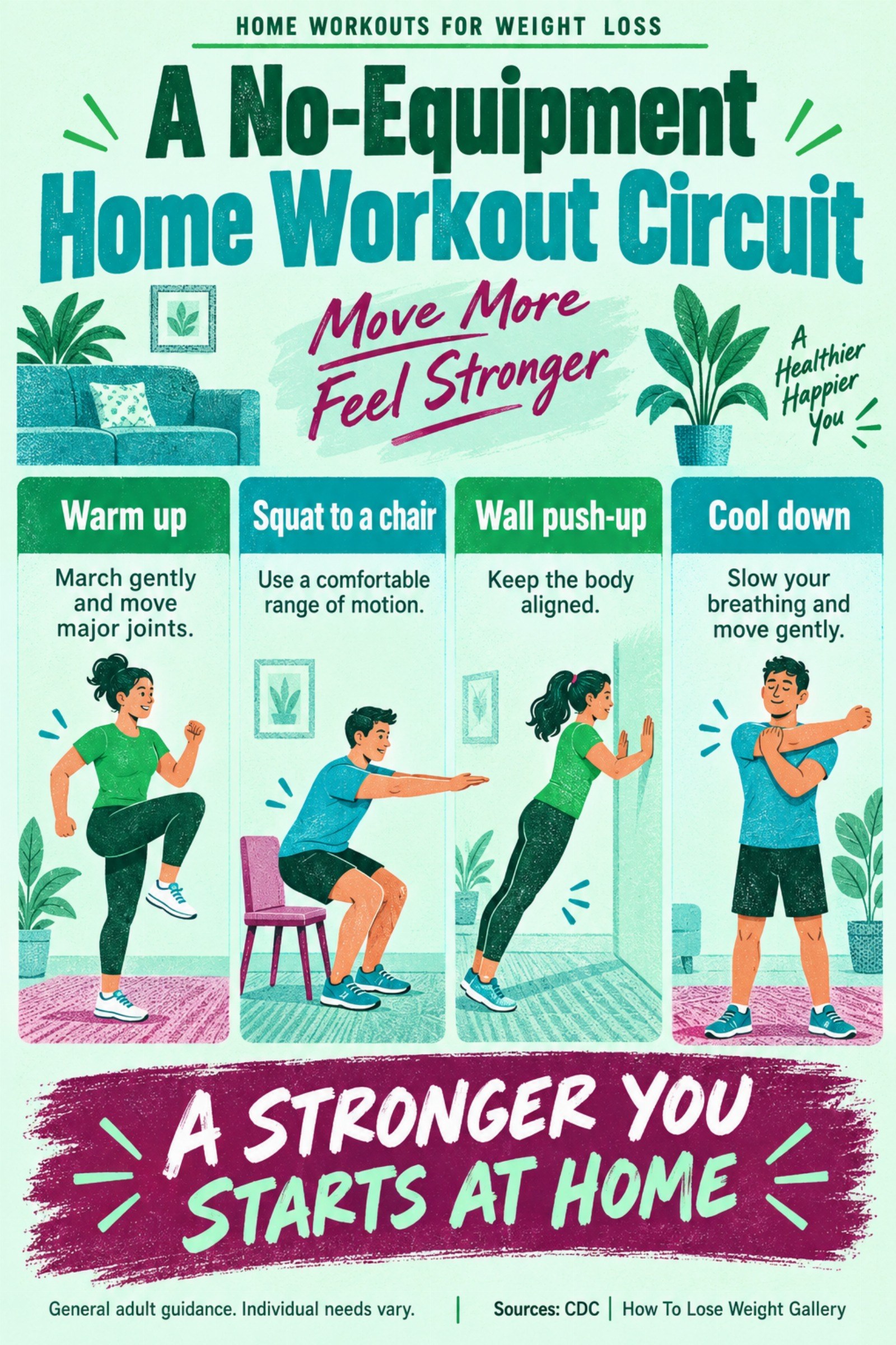 Colorful infographic titled A No-Equipment Home Workout Circuit with four illustrated tips for Home Workouts for Weight Loss.