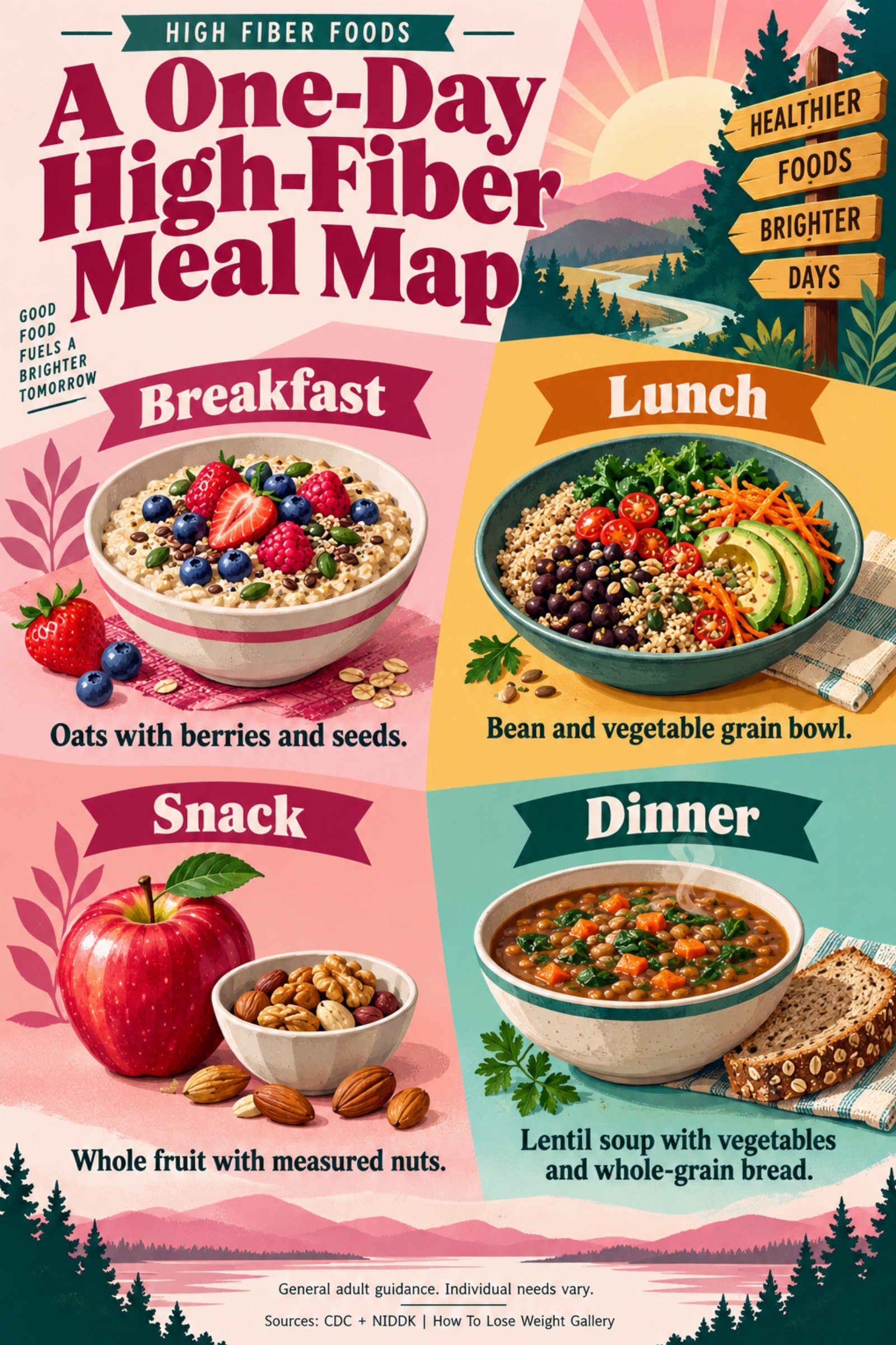 Colorful infographic titled A One-Day High-Fiber Meal Map with four illustrated tips for High Fiber Foods.