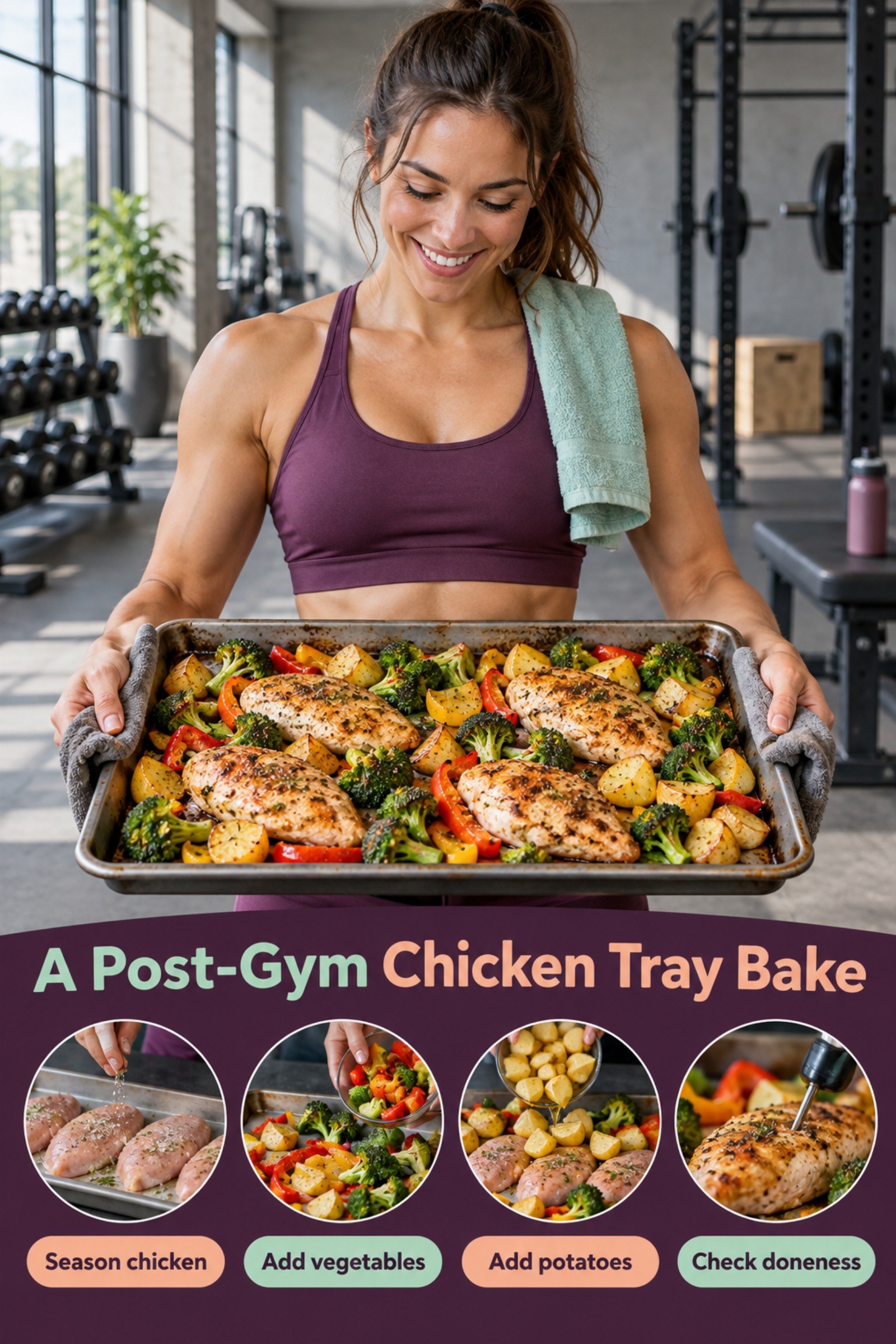 Rustic sheet-pan photograph with chicken, peppers, broccoli, and potatoes. The image supports A Post-Gym Chicken Tray Bake.