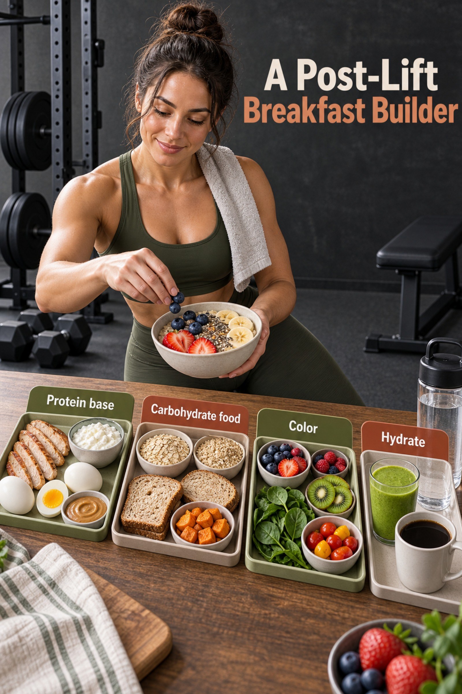 Bright breakfast builder with movable protein, grain, fruit, and drink tiles. The image supports A Post-Lift Breakfast Builder.