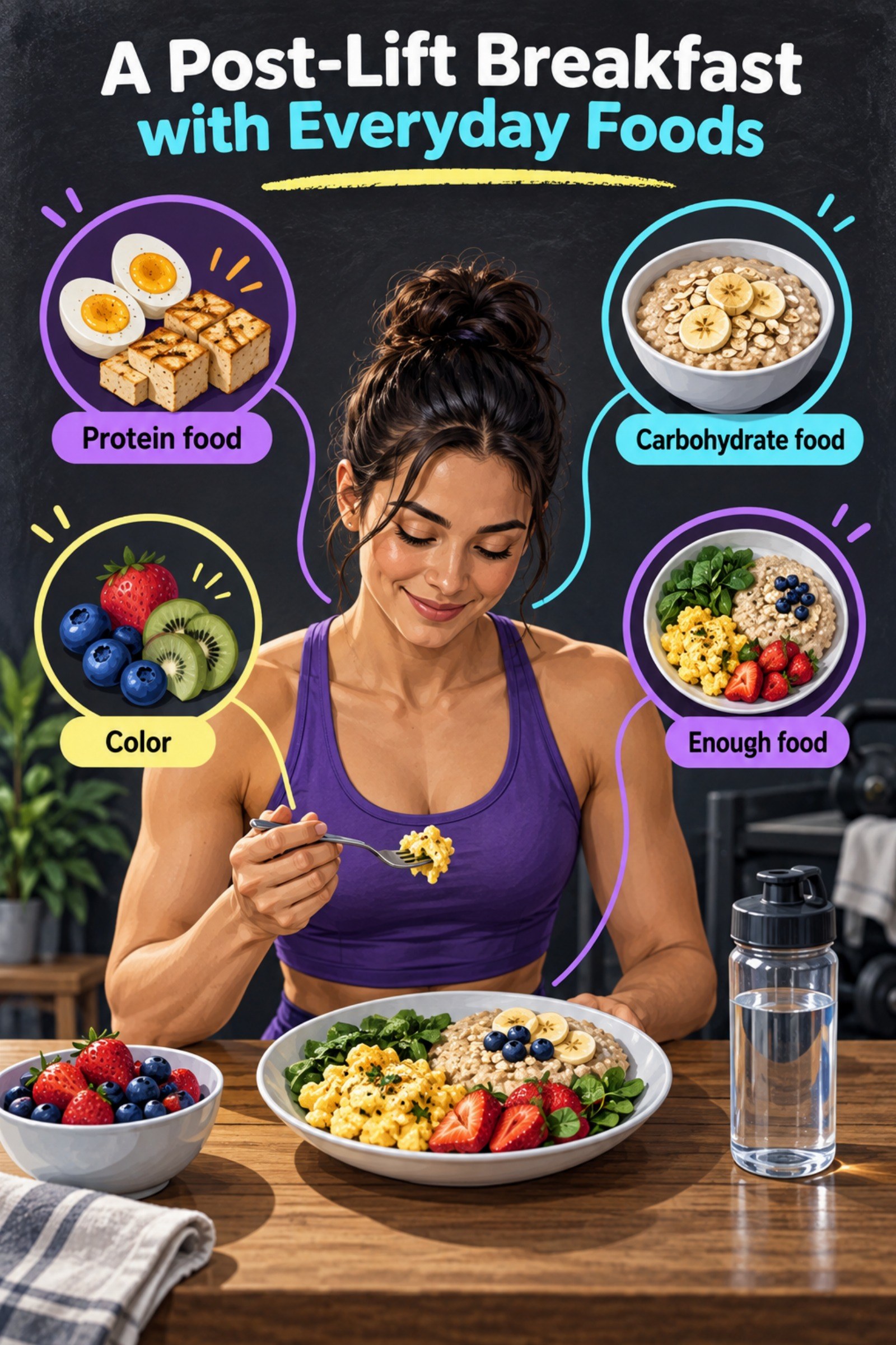 Warm editorial breakfast table with eggs or tofu, oats, fruit, and water. The image supports A Post-Lift Breakfast with Everyday Foods.
