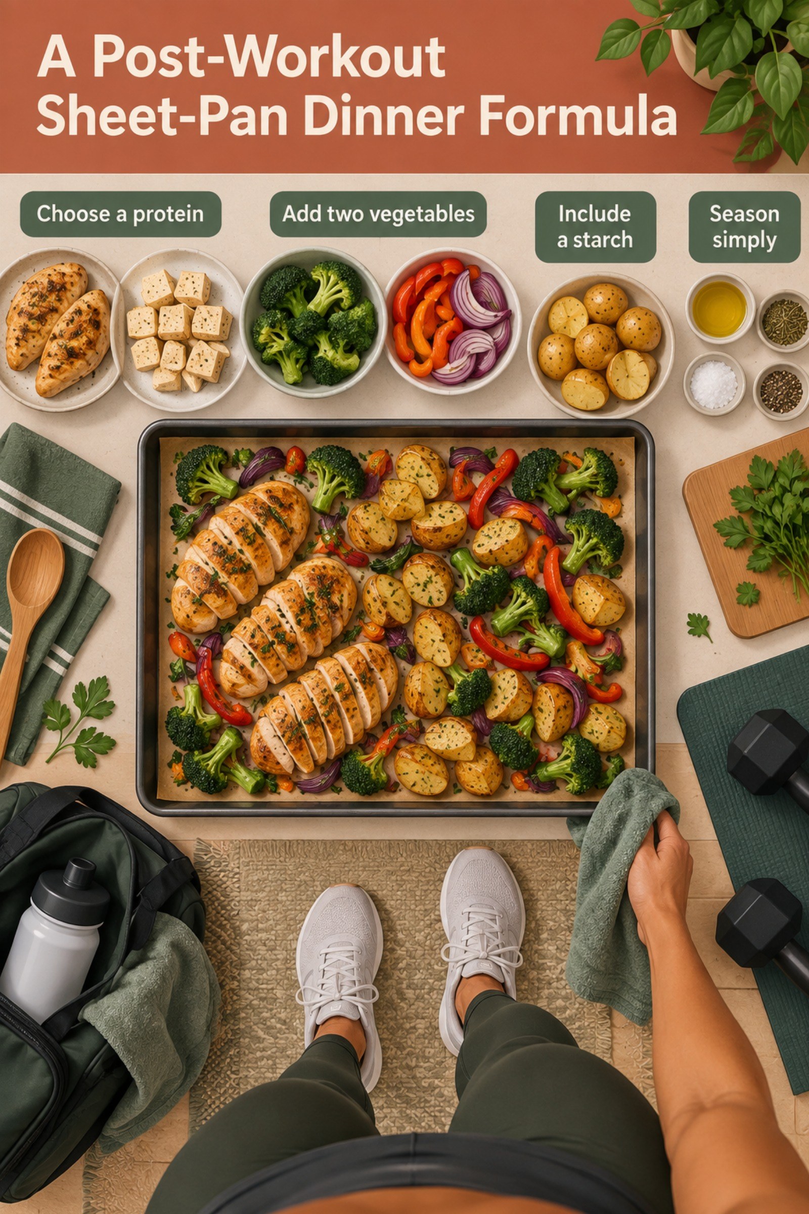 Editorial sheet-pan scene with chicken or tofu, vegetables, and potatoes. The image supports A Post-Workout Sheet-Pan Dinner Formula.