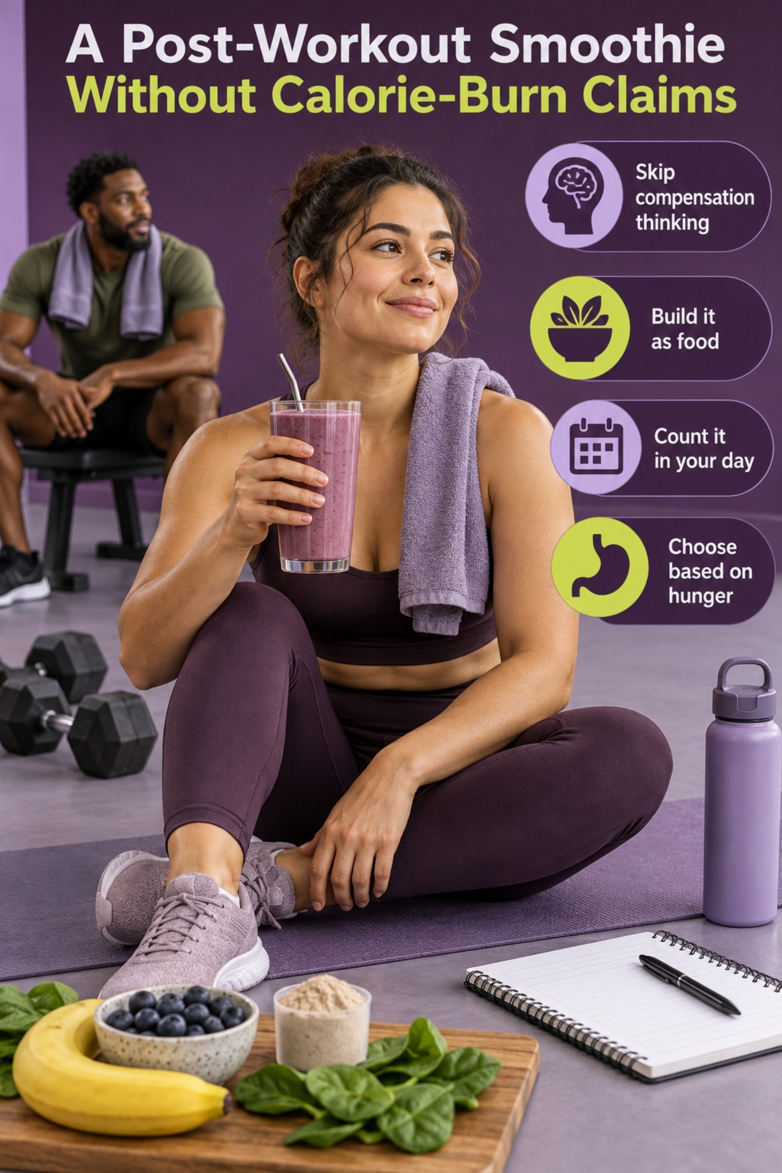 Myth-versus-practice editorial layout with a balanced smoothie and gym log. The image supports A Post-Workout Smoothie Without Calorie-Burn Claims.