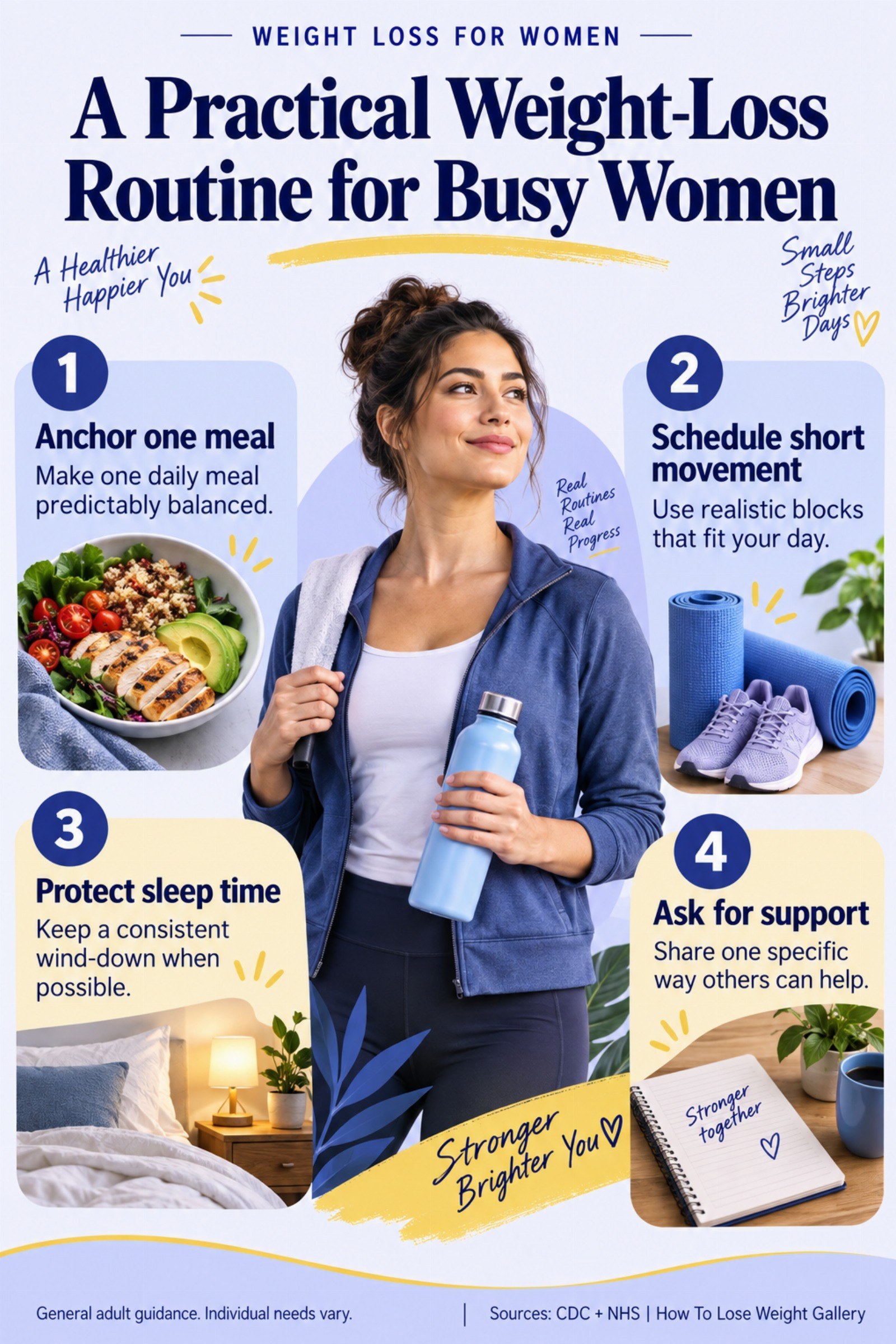 Colorful infographic titled A Practical Weight-Loss Routine for Busy Women with four illustrated tips for Weight Loss for Women.