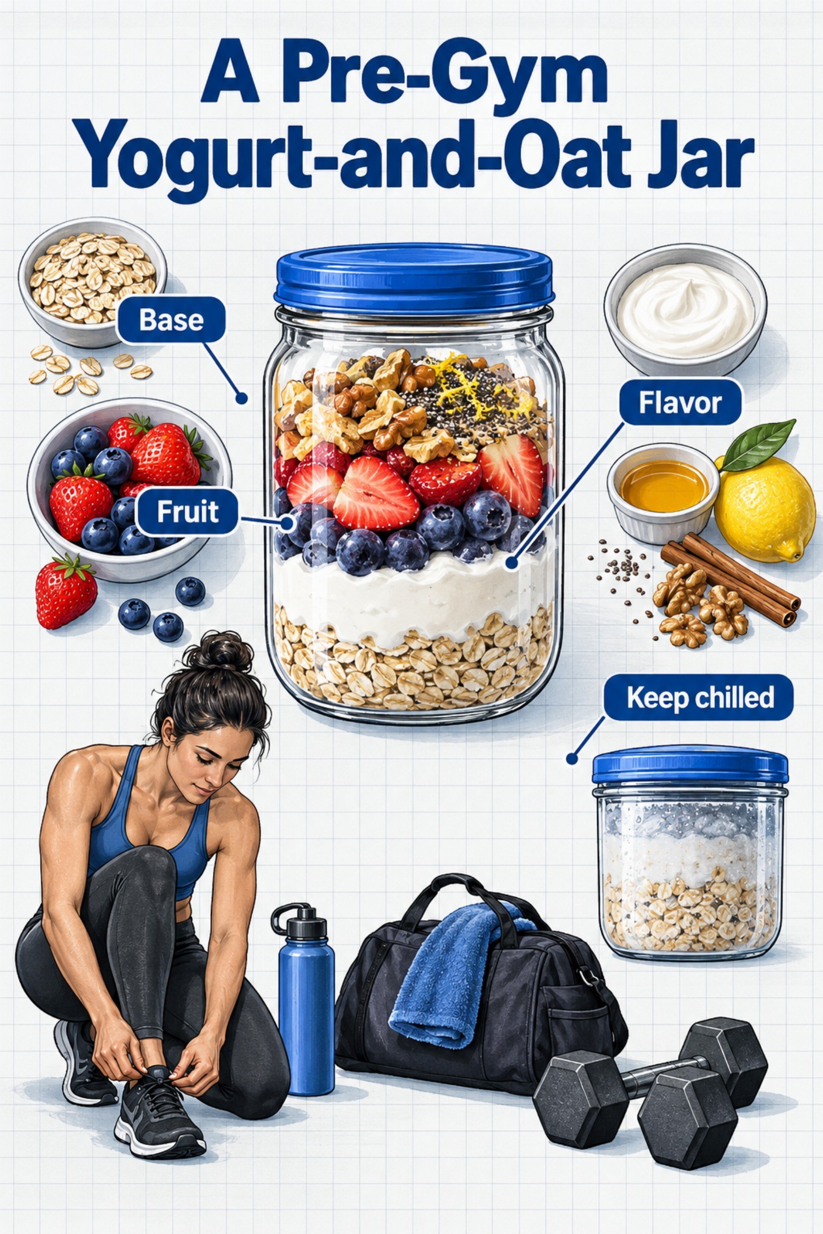 Layered glass jar with an afternoon timeline and Mediterranean ingredients. The image supports A Pre-Gym Yogurt-and-Oat Jar.