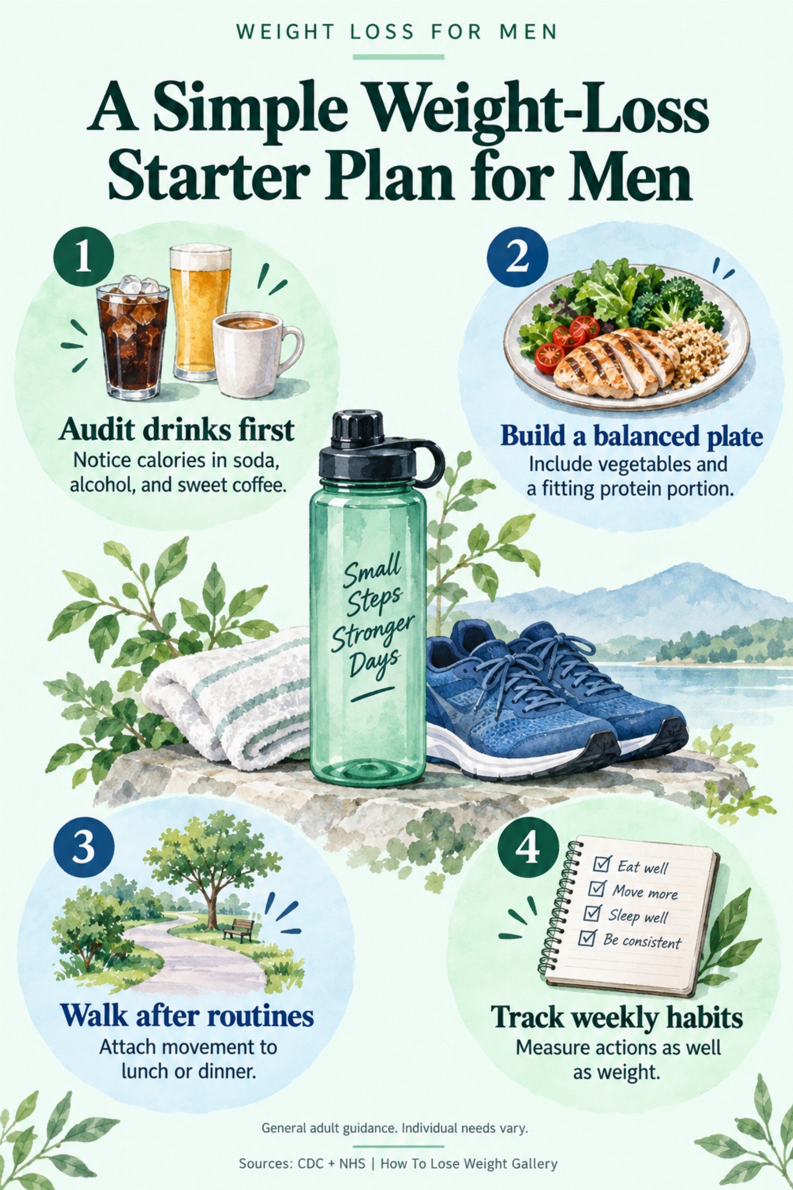 Colorful infographic titled A Simple Weight-Loss Starter Plan for Men with four illustrated tips for Weight Loss for Men.
