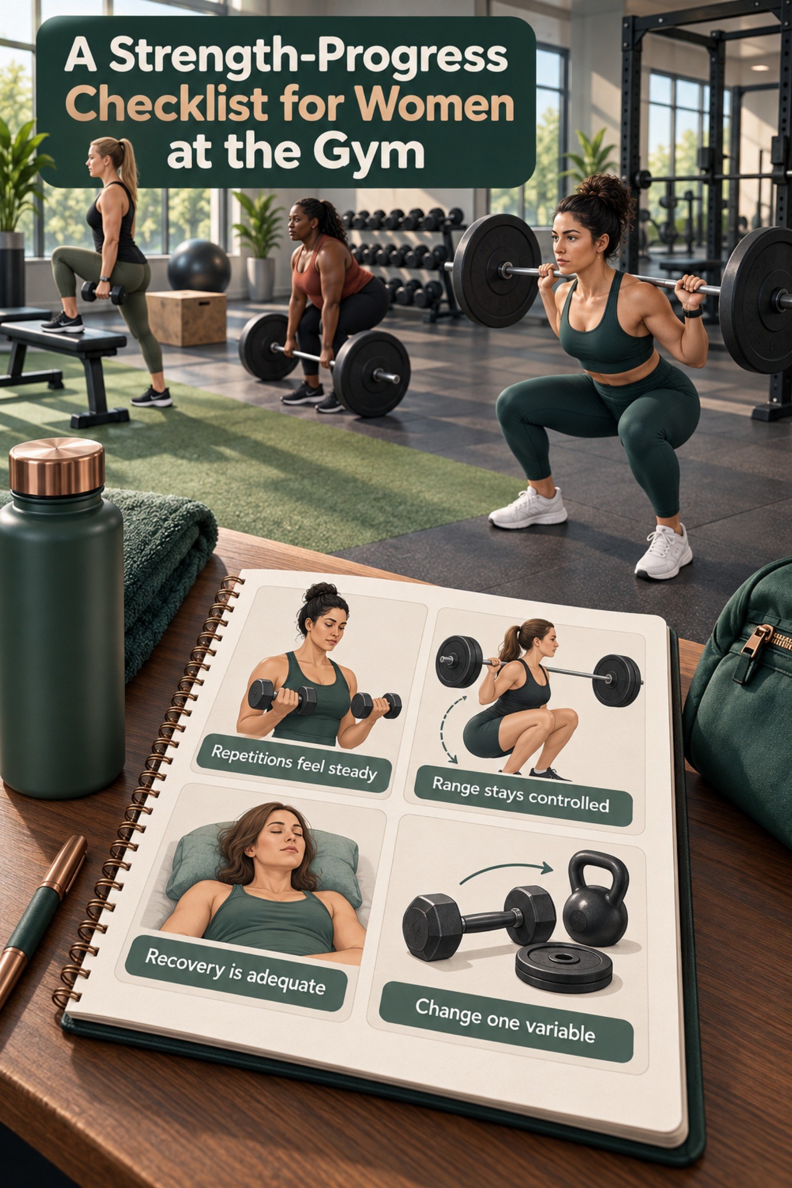 Training notebook with four illustrated form and recovery checkpoints. The image supports A Strength-Progress Checklist for Women at the Gym.