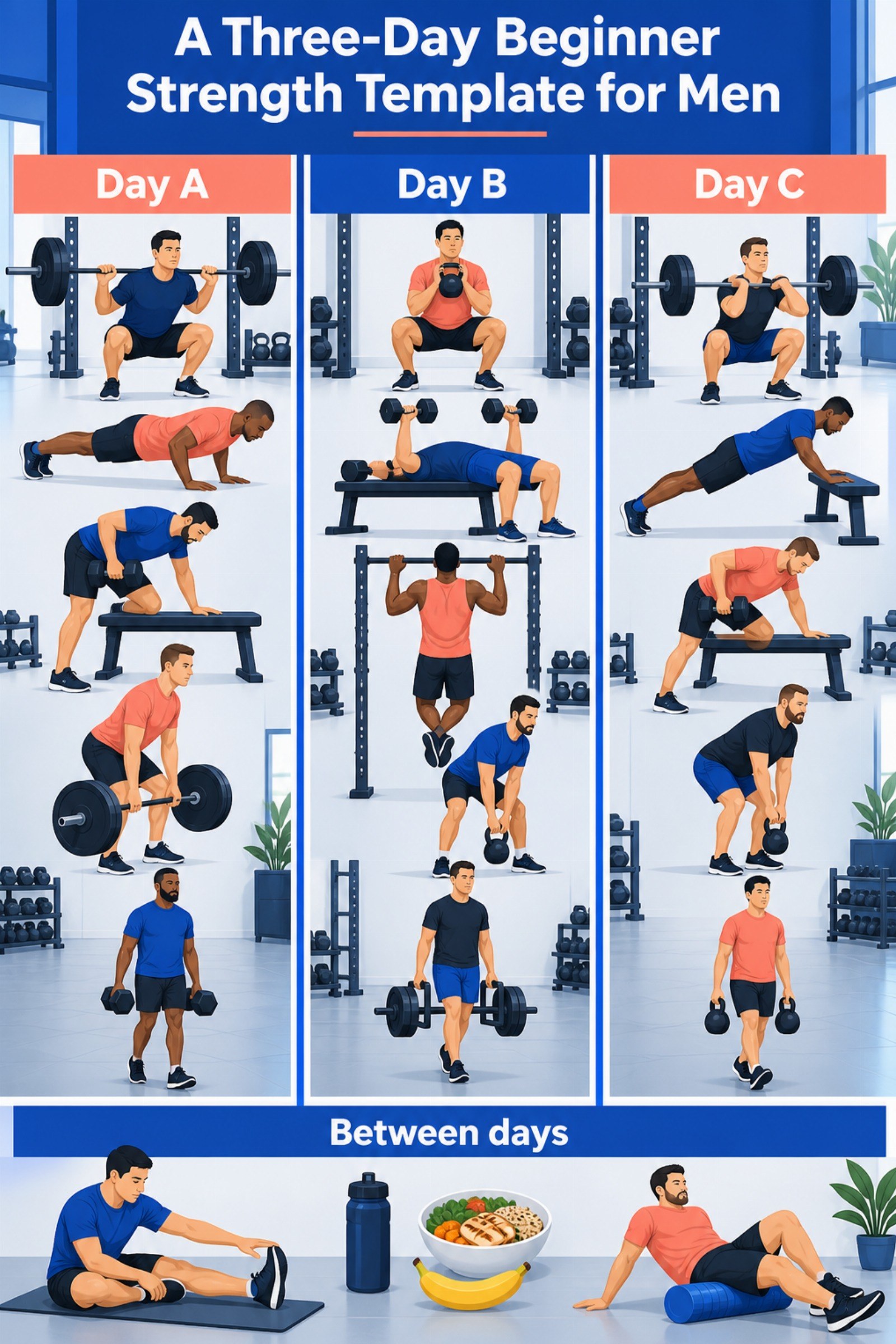 Weekly gym card featuring squat, push, pull, hinge, and carry patterns. The image supports A Three-Day Beginner Strength Template for Men.