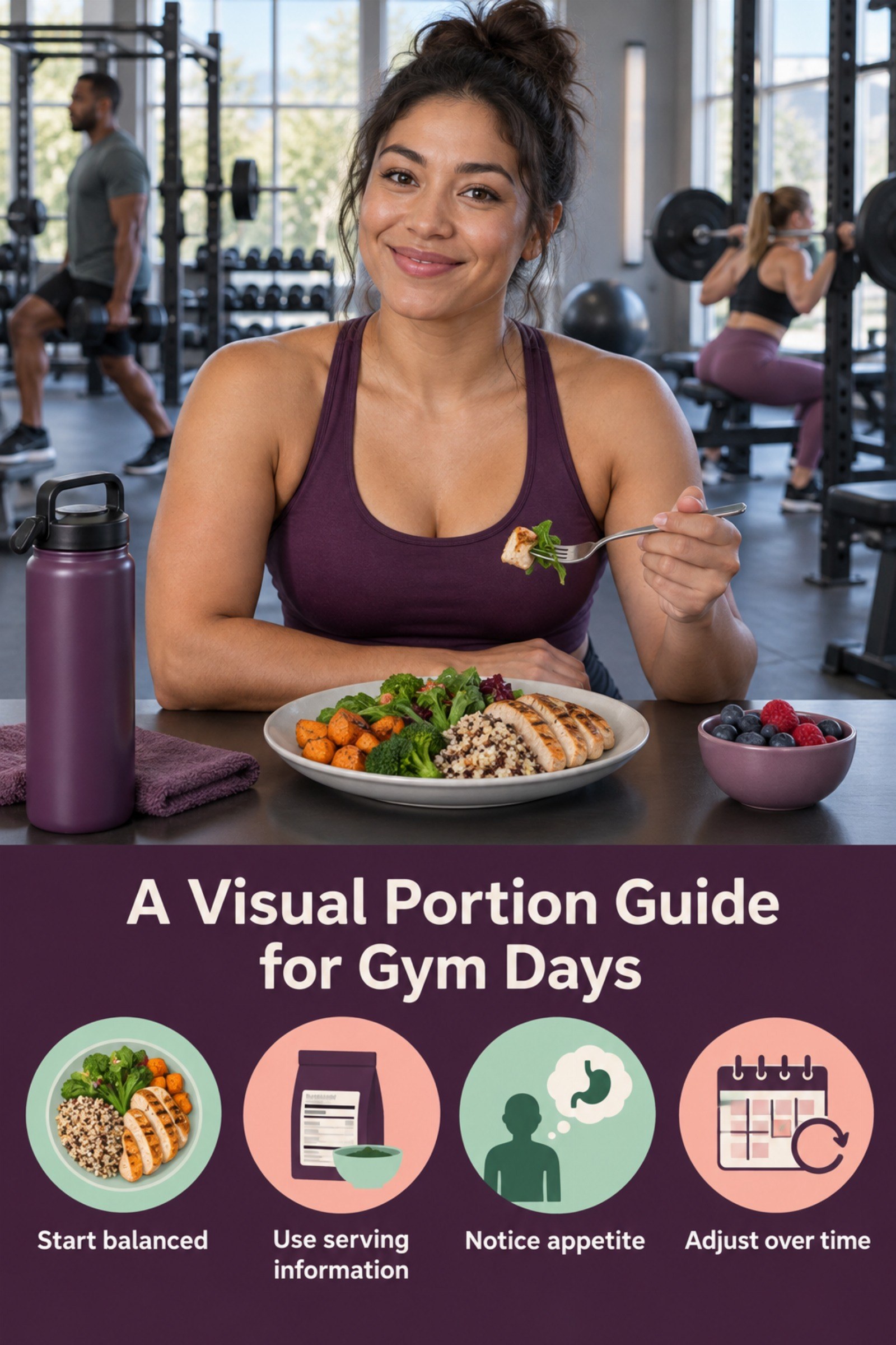 Balanced plate beside training duration, appetite, and schedule icons. The image supports A Visual Portion Guide for Gym Days.
