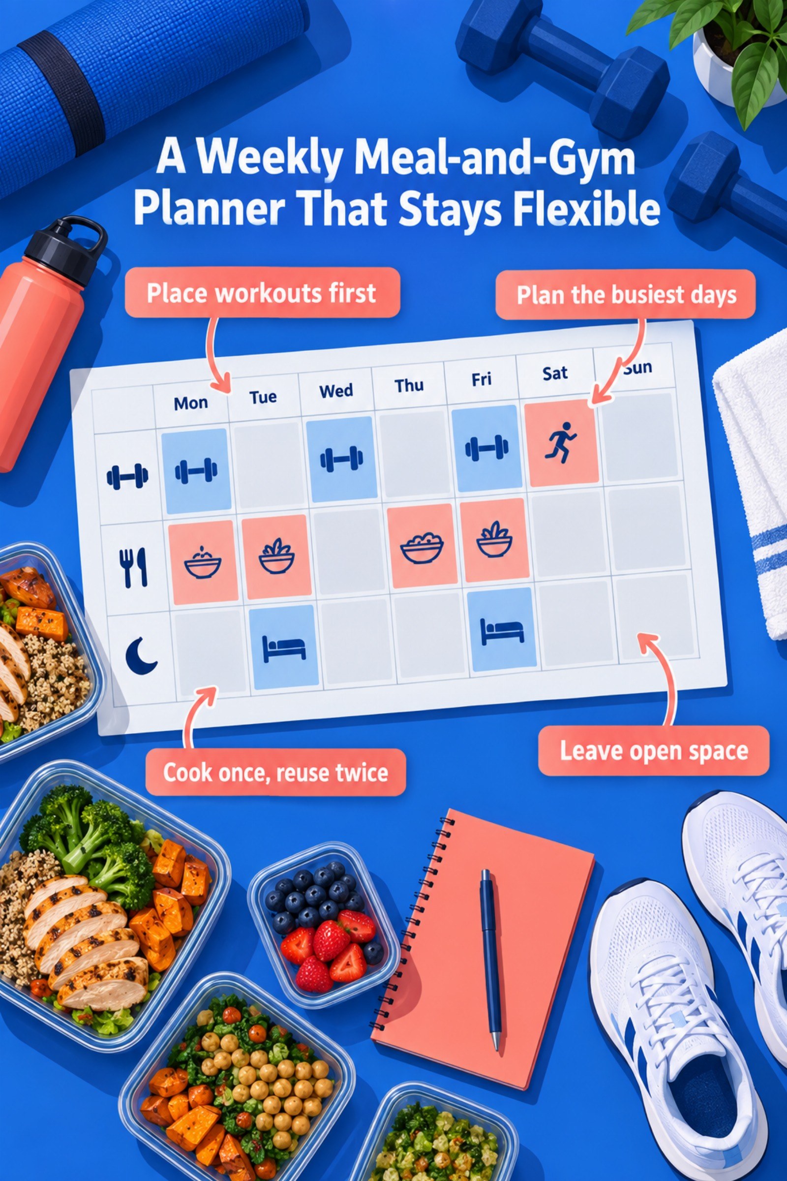 Printable-style weekly planner with gym blocks and meal-prep anchors. The image supports A Weekly Meal-and-Gym Planner That Stays Flexible.