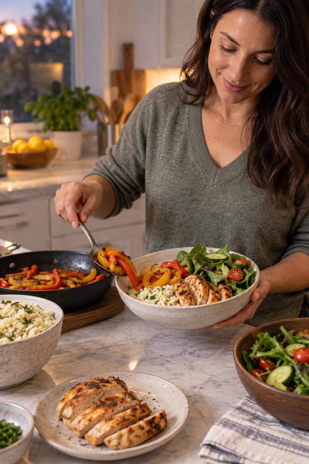Adult serving grilled chicken, cauliflower rice, sautéed peppers, and salad into a ceramic bowl in a home kitchen.