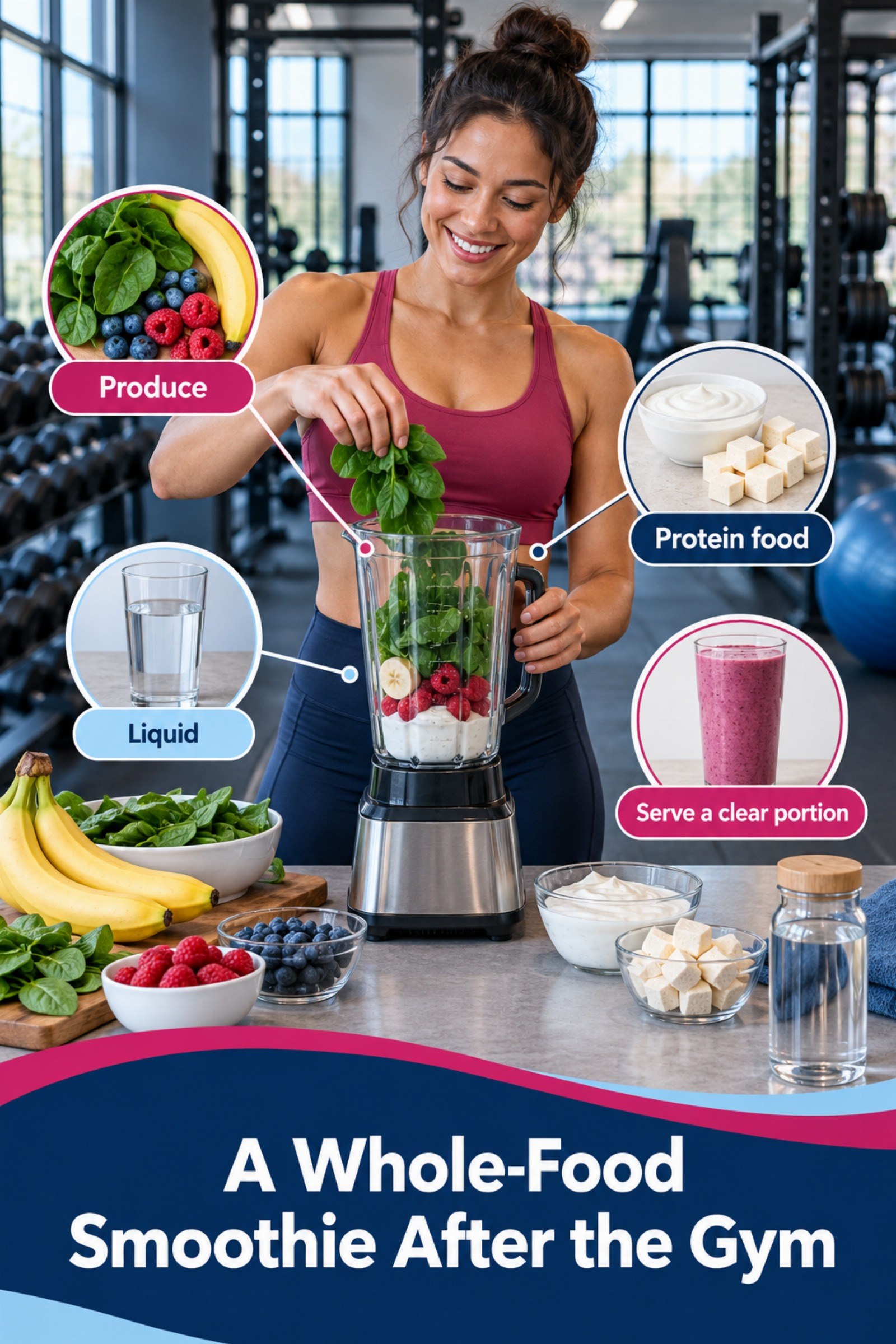 Colorful blender scene with fruit, greens, yogurt or tofu, and water. The image supports A Whole-Food Smoothie After the Gym.