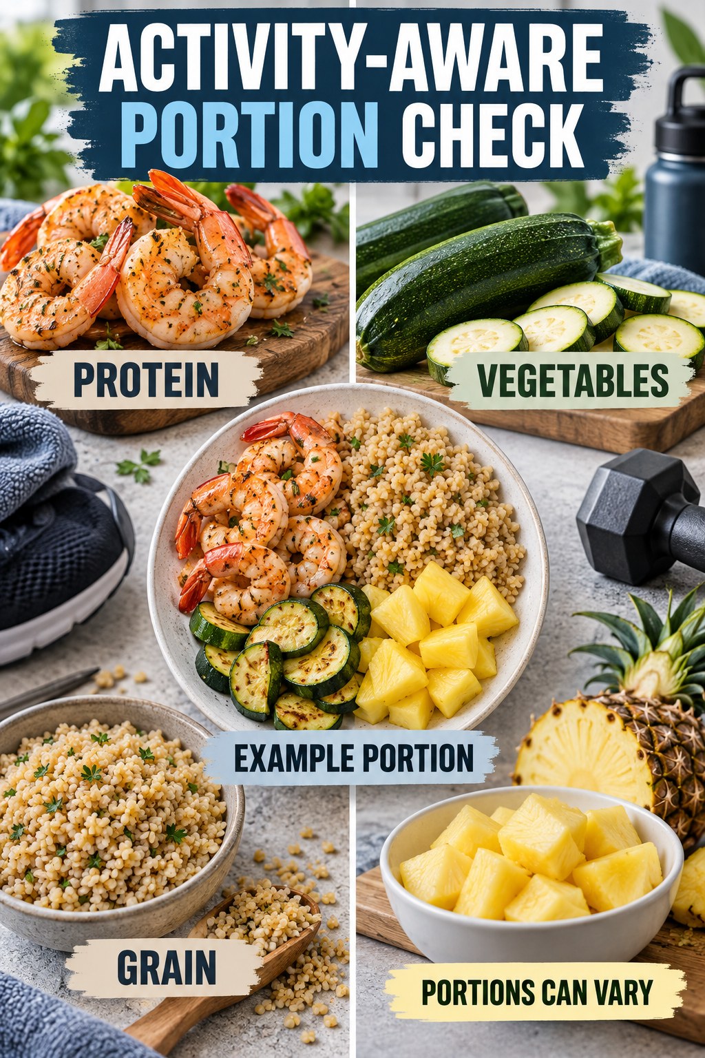 Activity-Aware Portion Check visual using shrimp, bulgur, zucchini, and pineapple as flexible example portions for Weight Loss for Men.