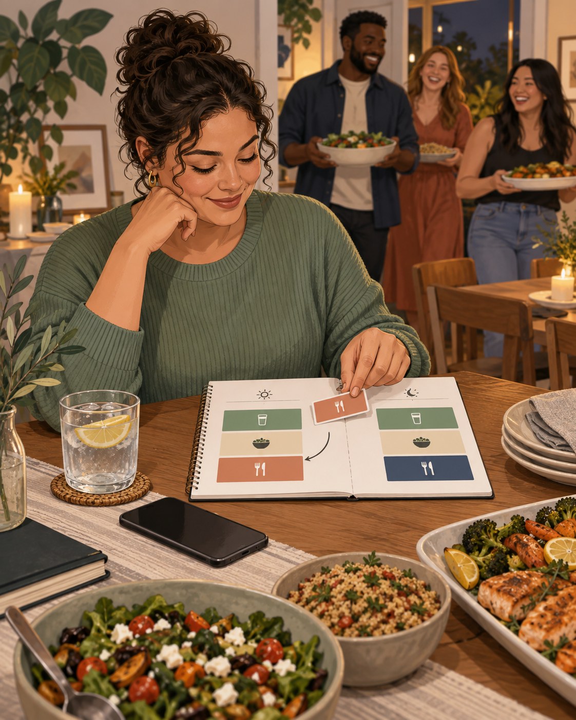 Woman moving a meal block on a two-day schedule while friends bring dinner to the table