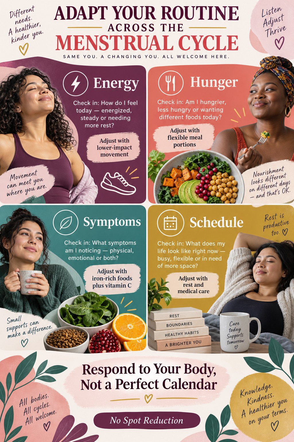 Portrait infographic with diverse women using energy, hunger, symptom, and schedule check-ins to adjust meals, movement, and rest.