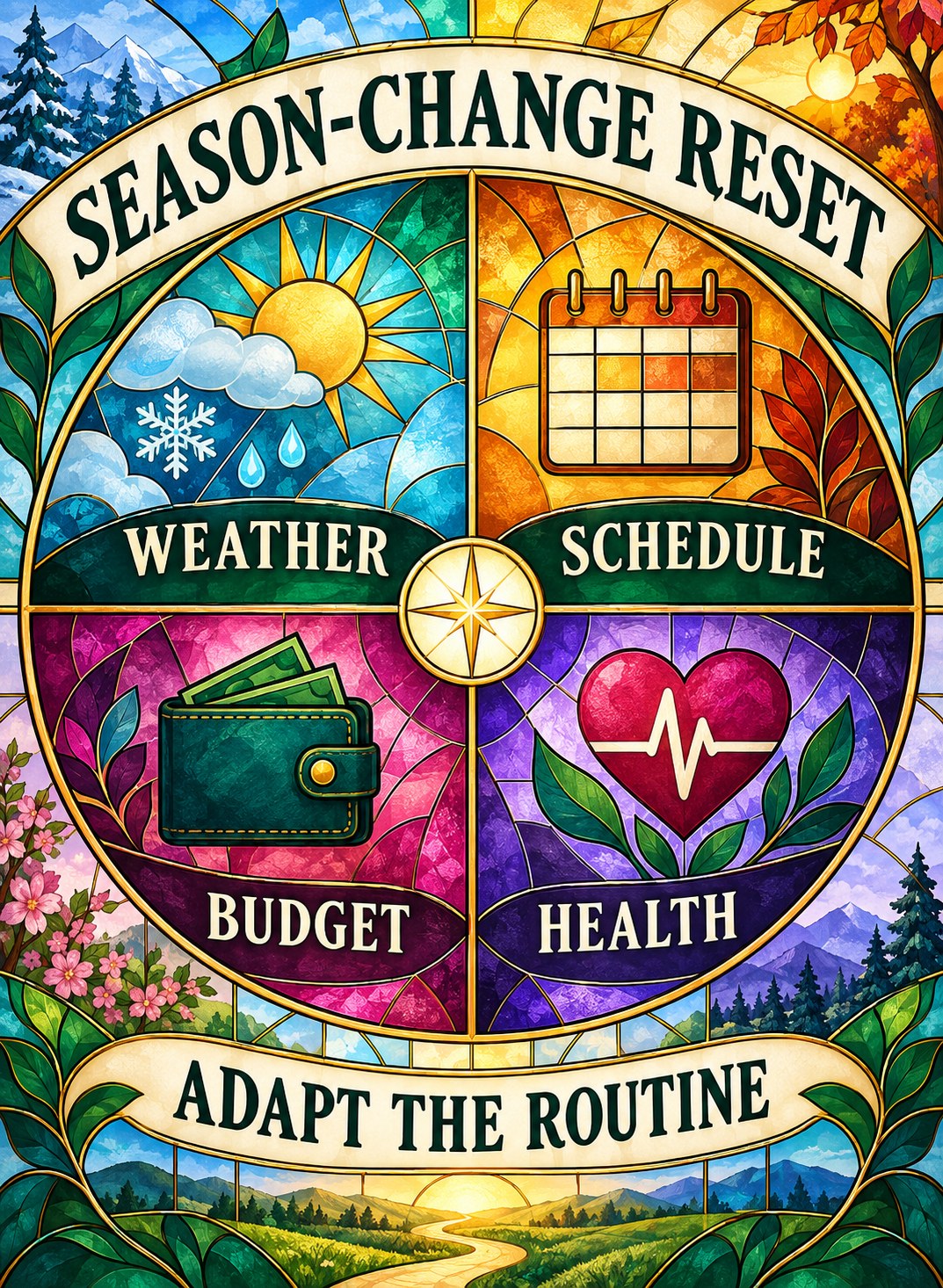 Emerald, amber, blue, magenta, and violet stained-glass wheel showing four life-change factors.