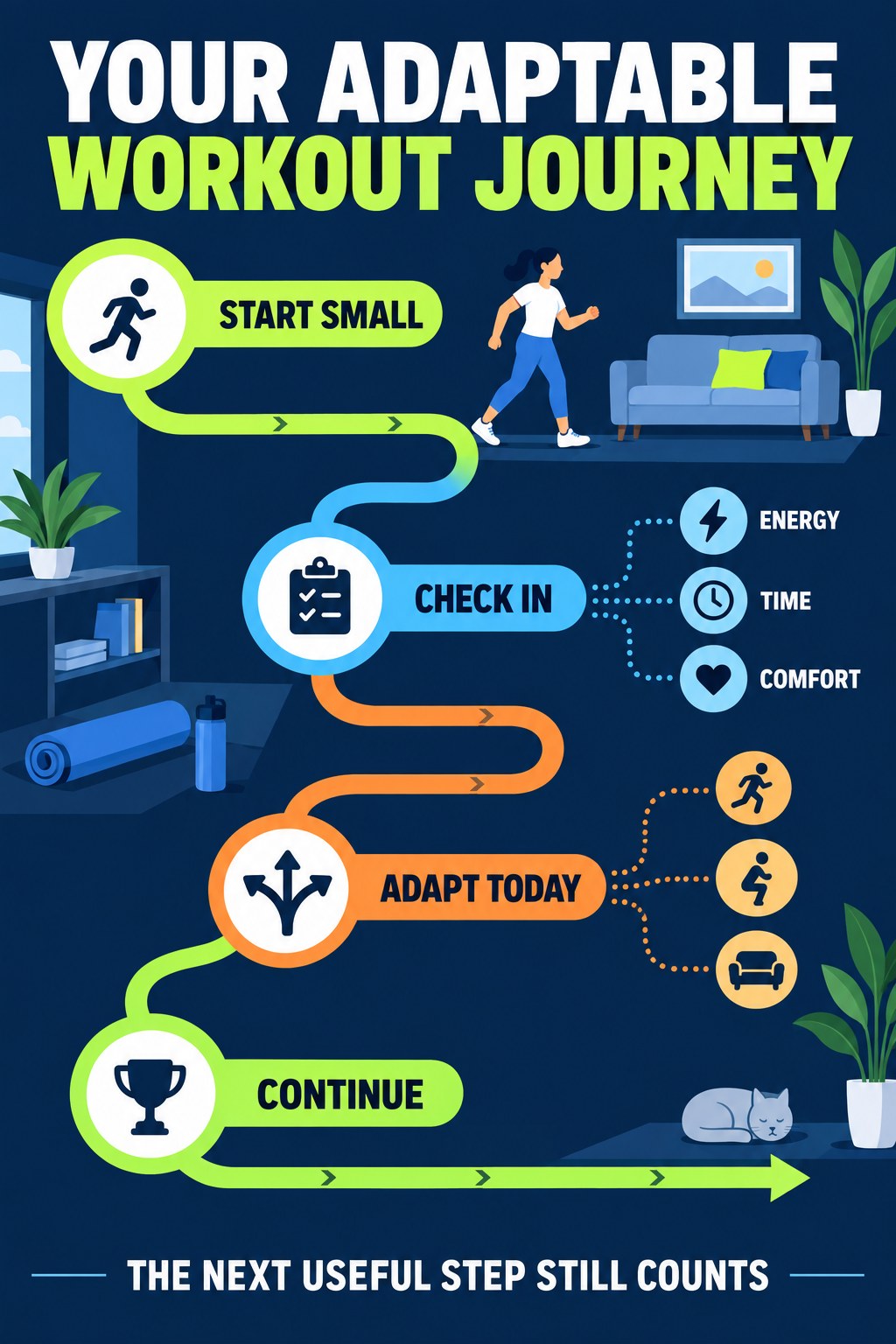 Navy transit-map infographic showing start small, check in, adapt today, and continue stations in a living room.