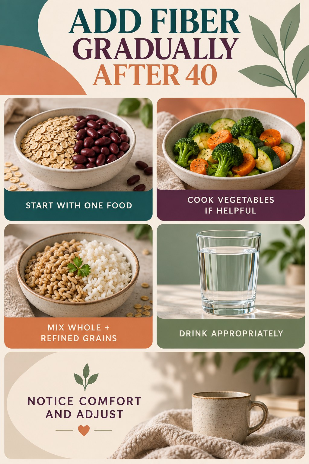 Portrait healthy eating infographic titled Add Fiber Gradually After 40 with five steps: start with one food, cook vegetables if helpful, mix whole and refined grains, drink appropriately, and notice comfort.