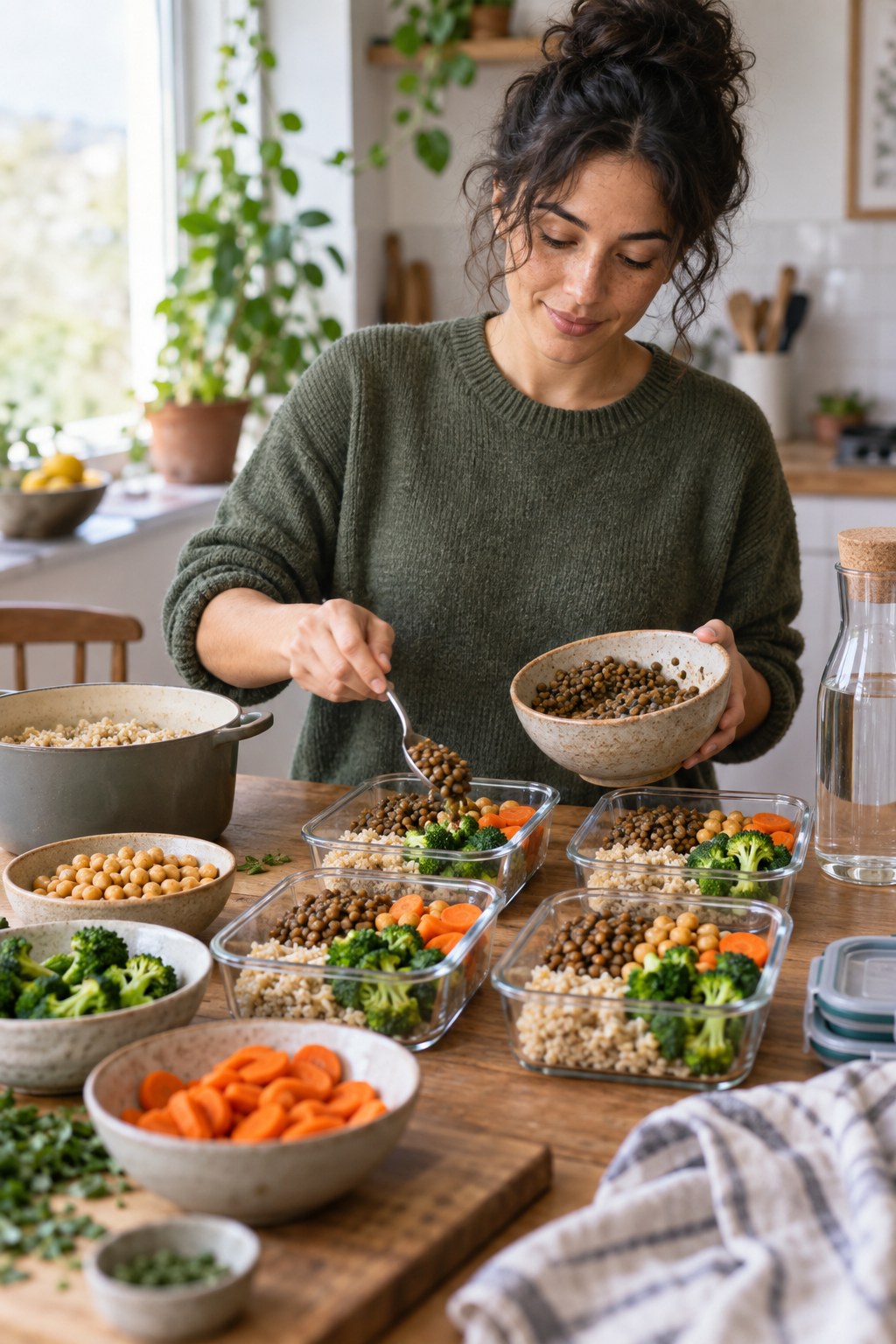 Adult portioning lentils, chickpeas, broccoli, carrots, and brown rice into glass meal-prep containers.