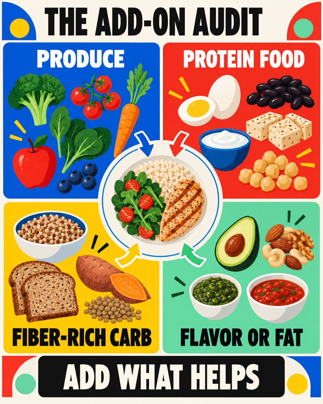 Cobalt, red, yellow, mint, cream, and black Bauhaus meal infographic with four practical add-on categories.