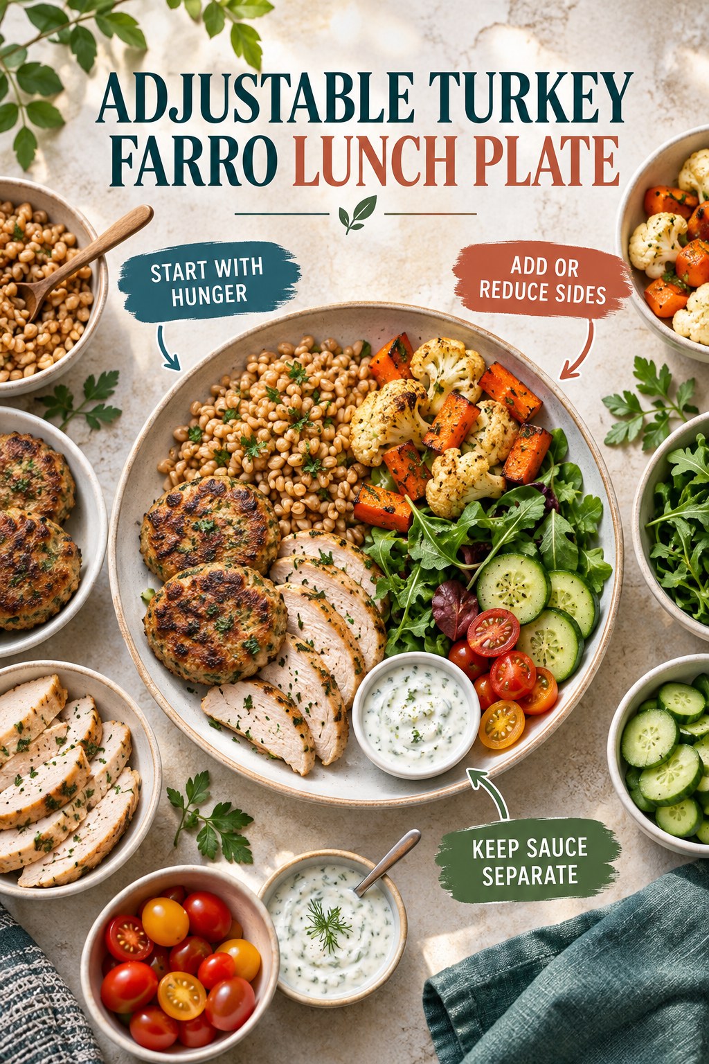Adjustable turkey farro lunch plate with roasted cauliflower, carrots, greens, cucumber, tomatoes, and separate yogurt sauce